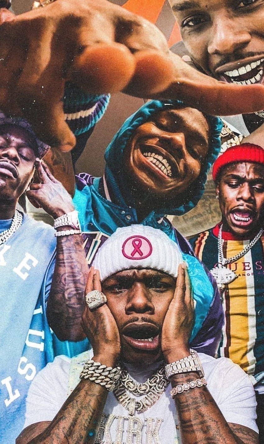 驚訝表情的 DaBaby 手機 壁紙 — 一個充滿活力的拼貼畫，描繪了表情豐富、佩戴閃亮珠寶的饒舌歌手，背景色彩繽紛。