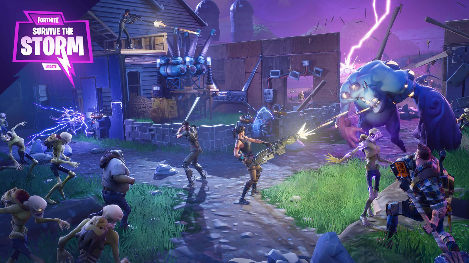 Fortnite玩家在風暴中紫色天空下與巨型怪物和殭屍戰鬥。