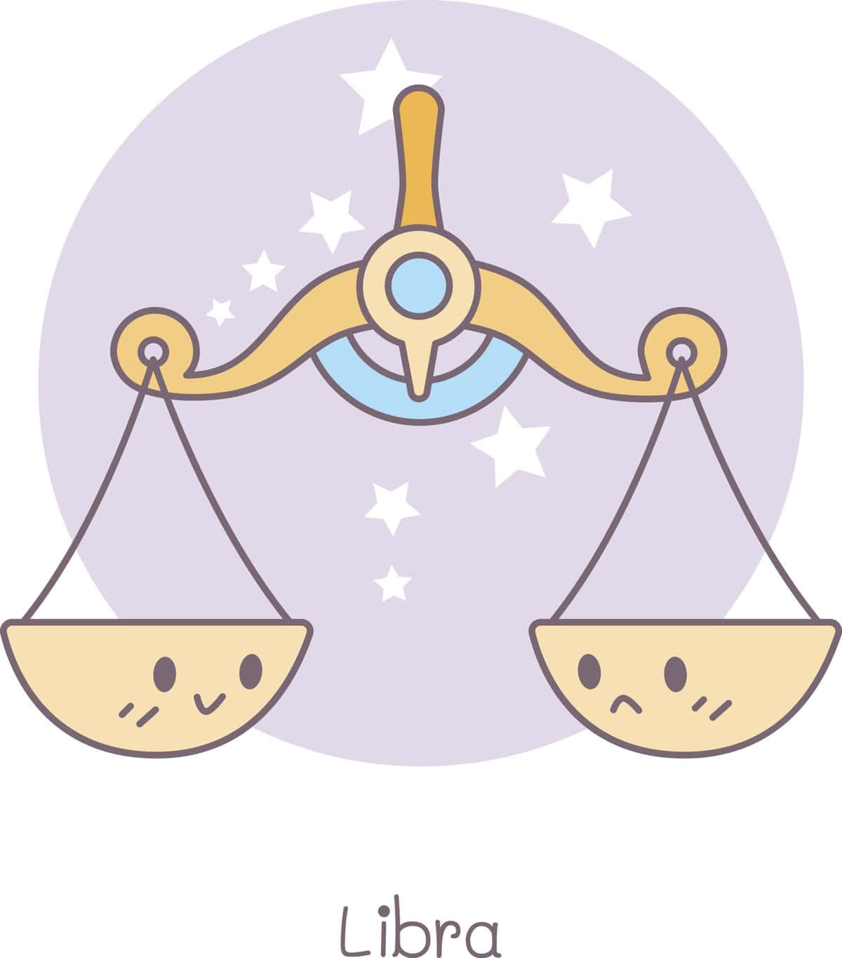 驚豔可愛天秤座星座塗鴉藝術 壁紙 — 可愛嘅卡通天秤座，有微笑同皺眉嘅碗，襯托星光薰衣草背景。