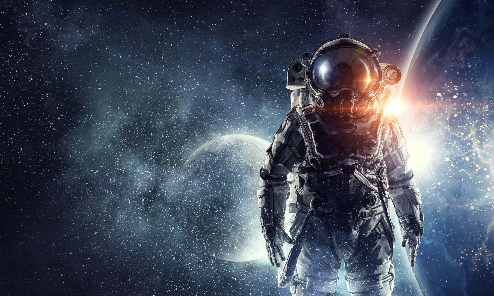 穿著太空衣的太空人站在發光的太陽和遙遠的行星前。