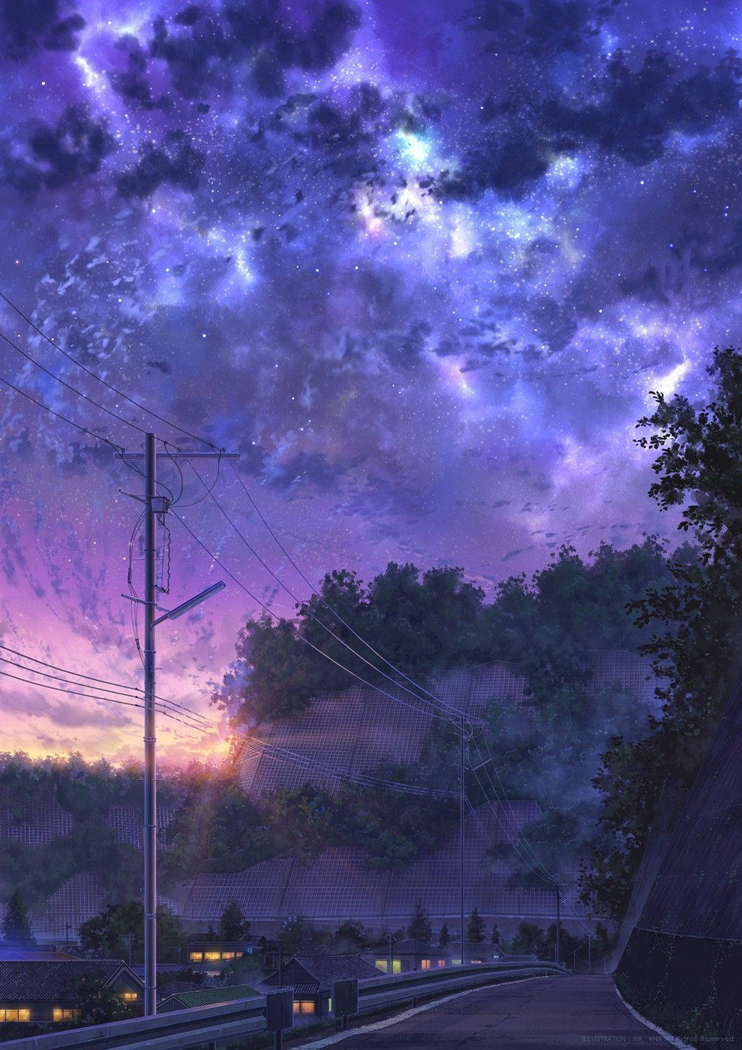 驚豔涼爽星系 壁紙 — 一條蜿蜒的道路在暮色中，下方是充滿活力的紫色和藍色星空，帶有發光的雲彩和遠處的村莊燈光。