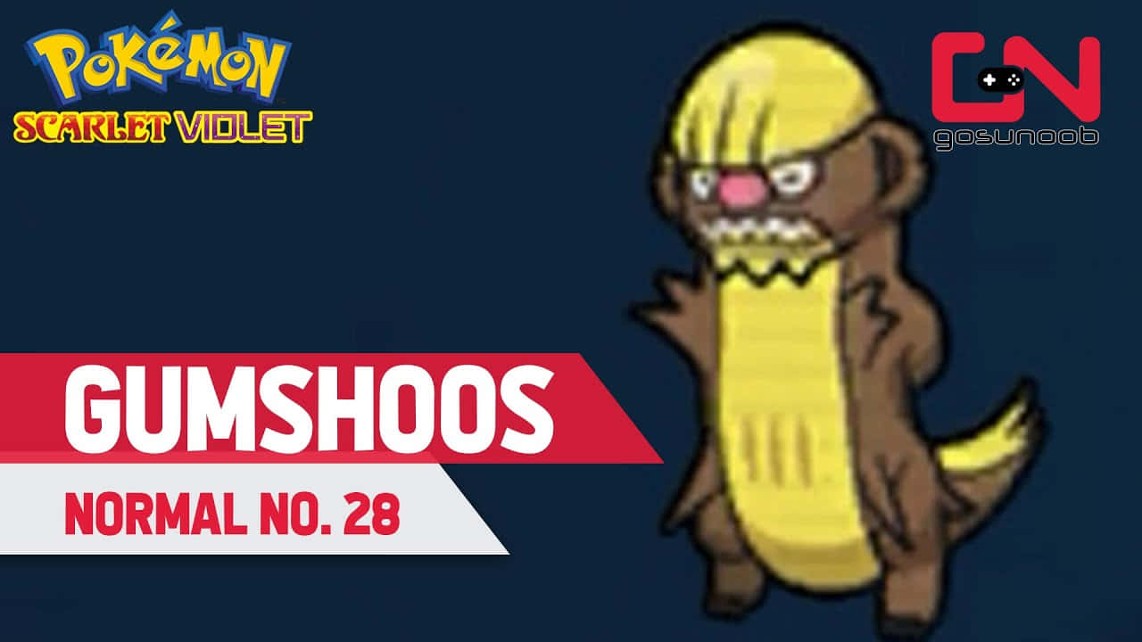 驚豔的 Gumshoos：寶可夢動態形象 壁紙 — 一隻名為Gumshoos的卡通風格棕色和黃色寶可夢站在深藍色背景前，帶有遊戲標題文字。