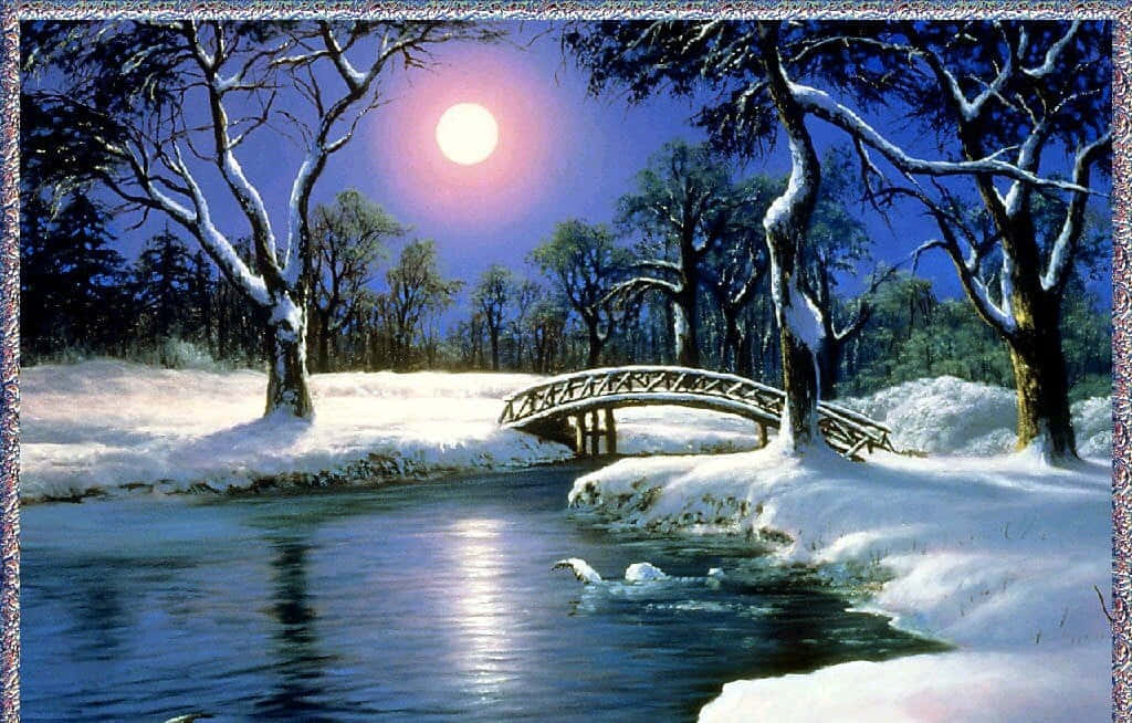 驚豔的夜月畫作 壁紙 — 一個雪景冬日場景，月光下的橋樑橫跨平靜的河流，四周是光禿禿的樹木。