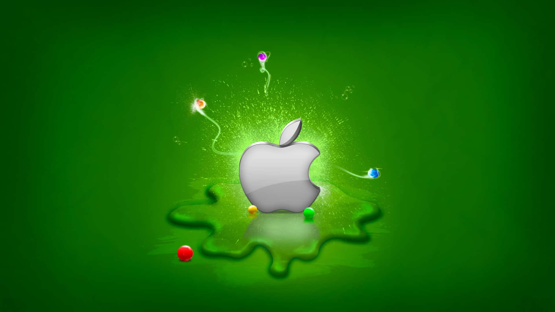 閃亮的Apple標誌，周圍環繞著發光粒子和綠色液體飛濺。