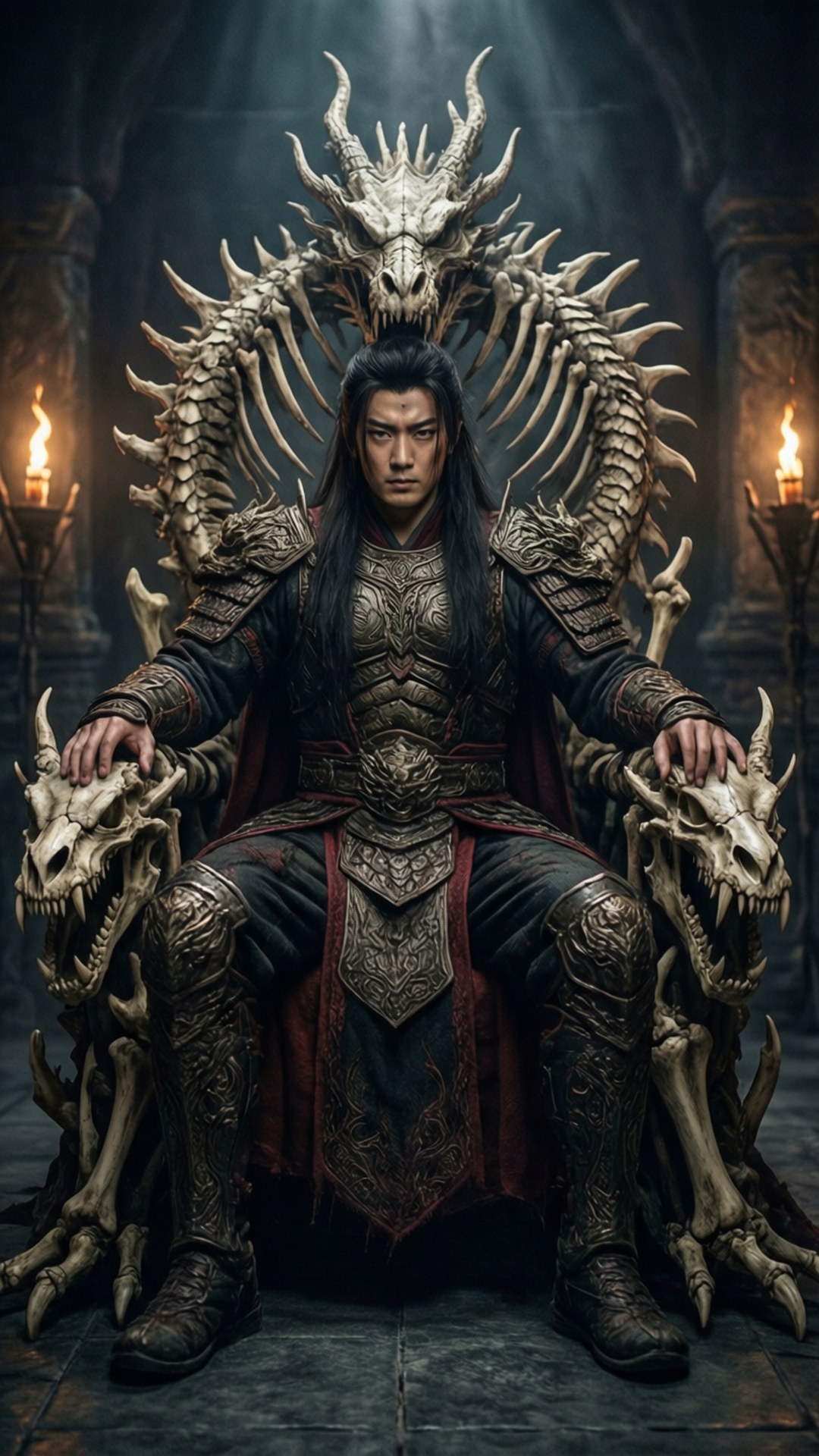 一位身穿華麗盔甲的黑暗奇幻戰士，坐在哥德式大教堂中用龍骨製成的寶座上。