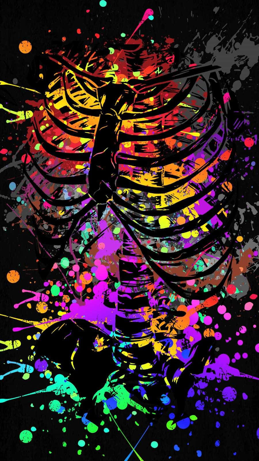 骨架內的AMOLED S彩色光效 壁紙 — 鮮豔的螢光顏料飛濺在黑暗背景上圍繞著一個大膽的黑色骷髏肋骨籠爆炸開來。