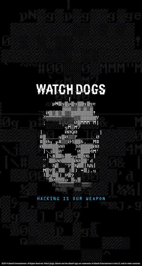 Watch Dogs 遊戲標誌，帶有像素化骷髏頭和黑客文字，背景為黑色。