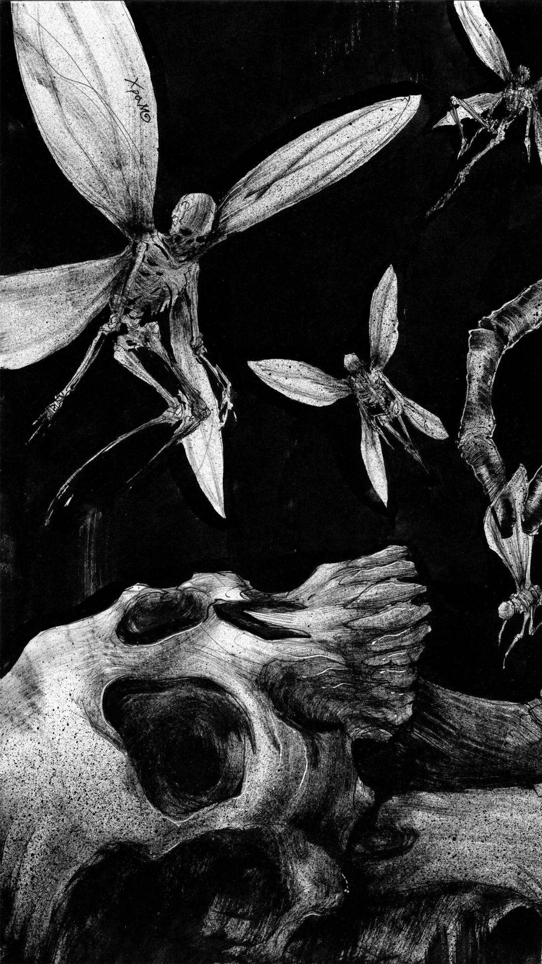 骨骼蜻蜓在人類頭骨上方飛翔，一幅令人難忘的黑白畫作。 — 仙子美學動態圖 壁紙