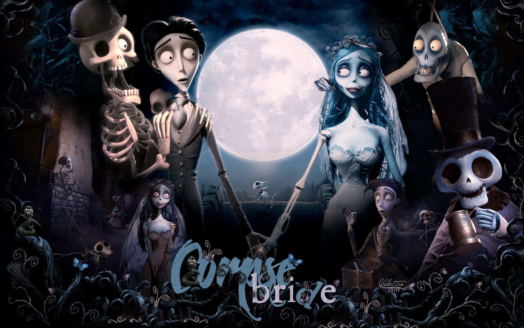 corpse bride 桌布 壁紙 — 骷髏和幽靈般的角色在滿月下聚集在一個帶有旋轉黑暗藤蔓的哥德式婚禮場景中。