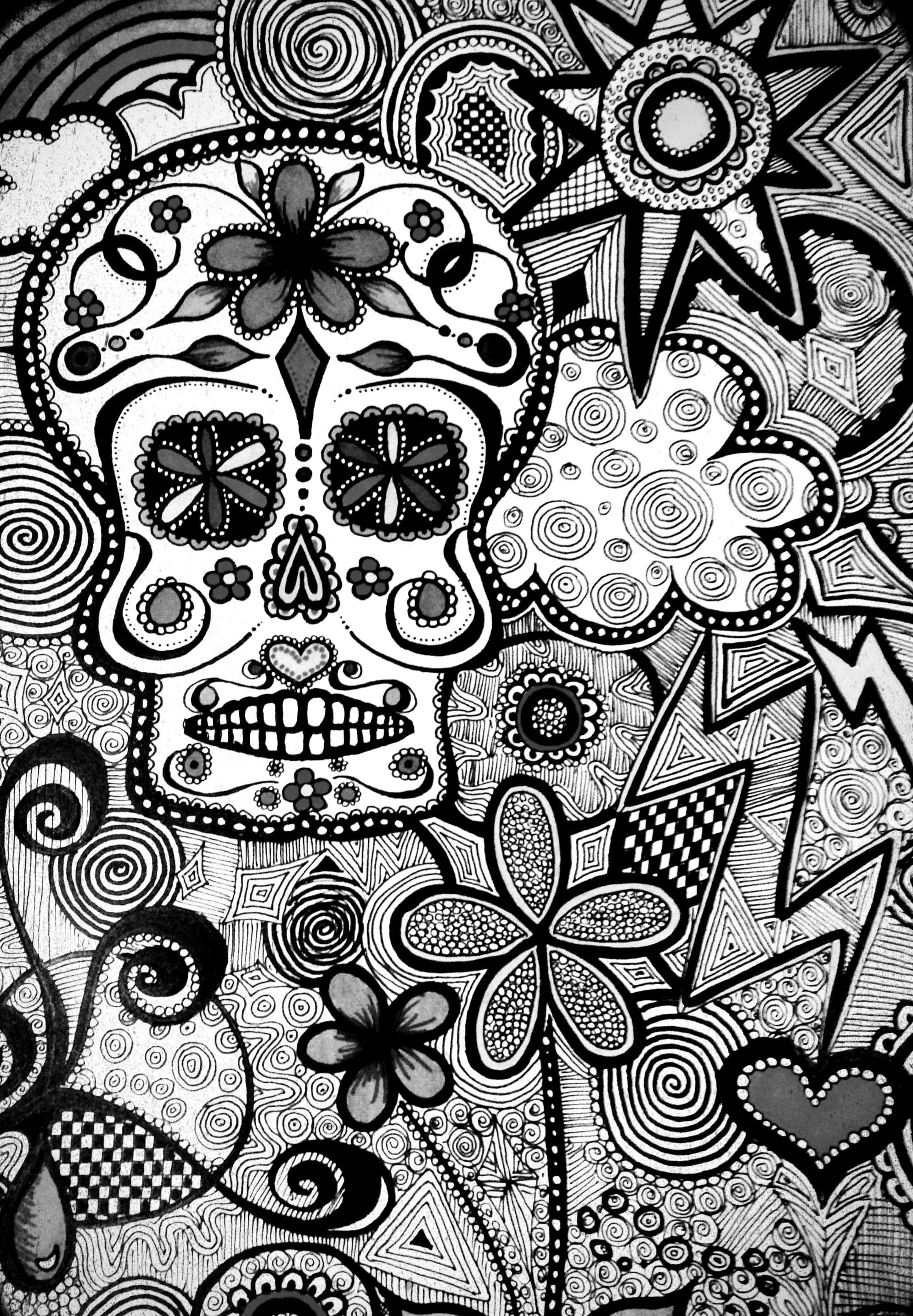 骷髏塗鴉藝術圖 壁紙 — 一個黑白精緻插圖，描繪了一個裝飾性的糖骷髏，周圍環繞著漩渦圖案和花卉圖案。