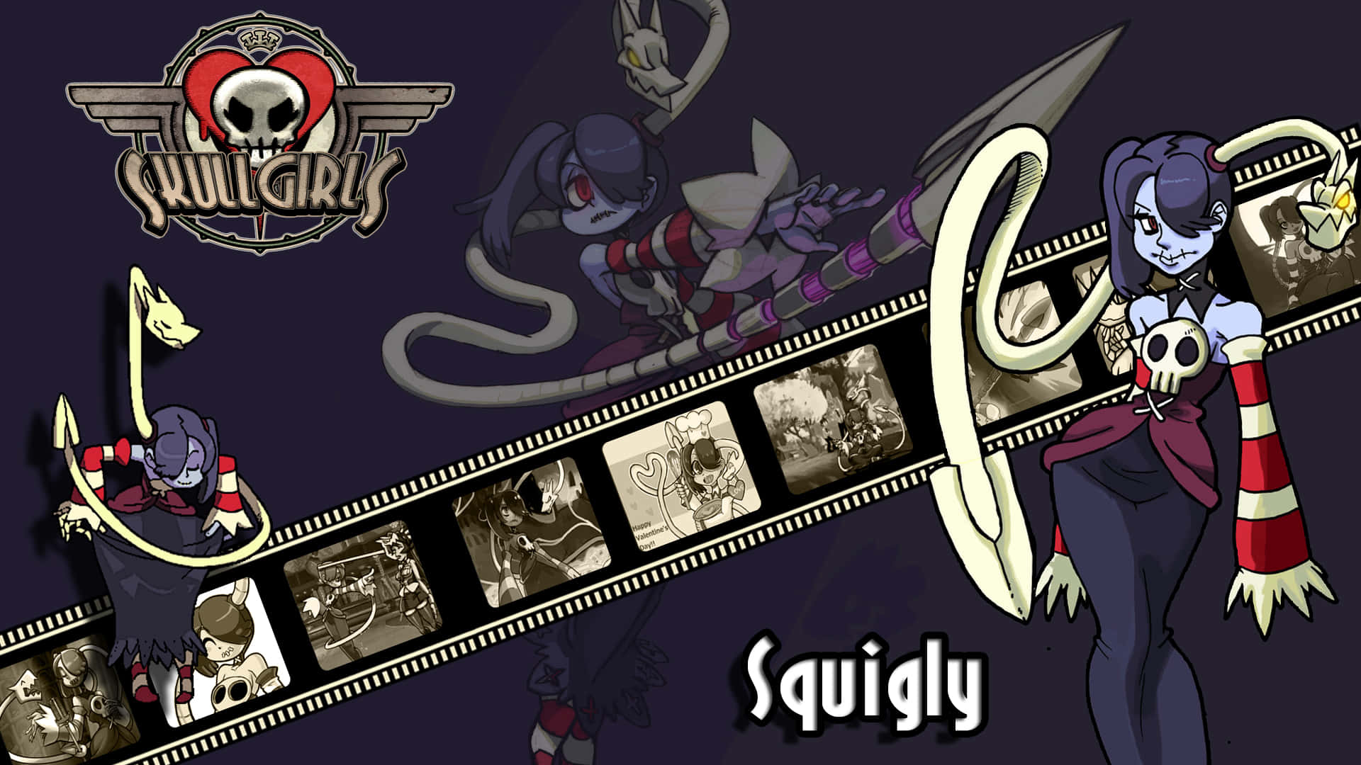 來自 Skullgirls 動畫遊戲的 Squigly，在深紫色背景上展示膠片條角色藝術。