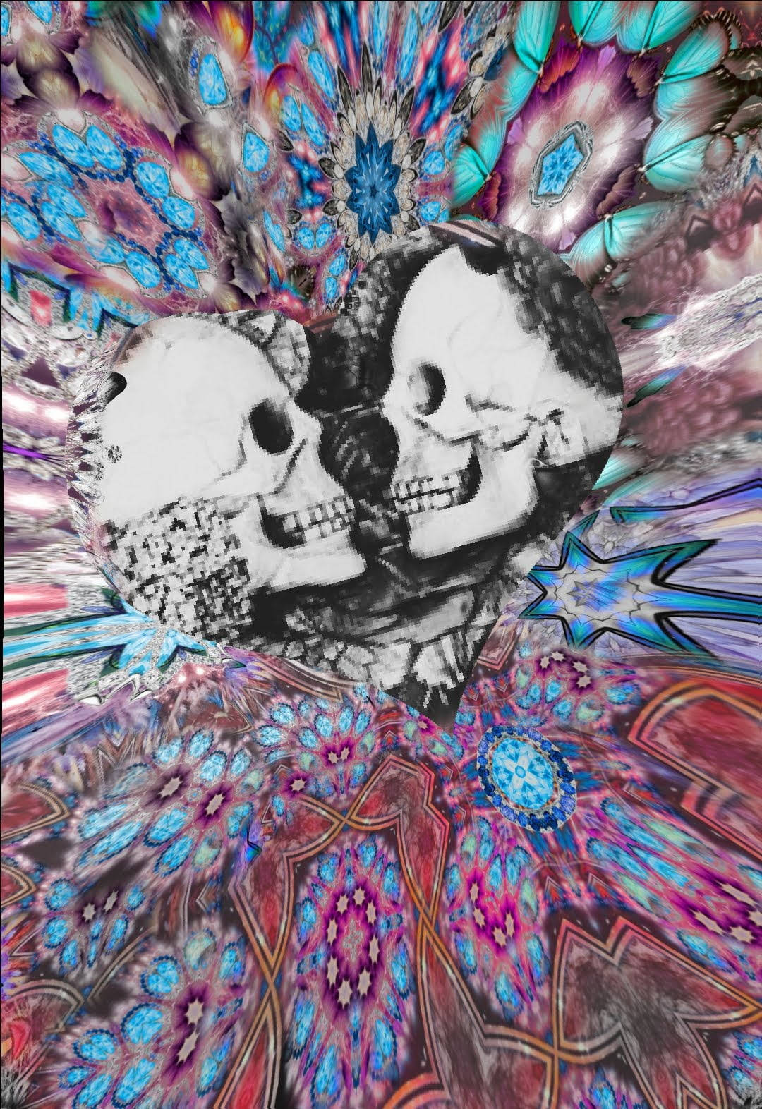 兩個黑白骷髏頭在萬花筒般的分形背景中擁抱。