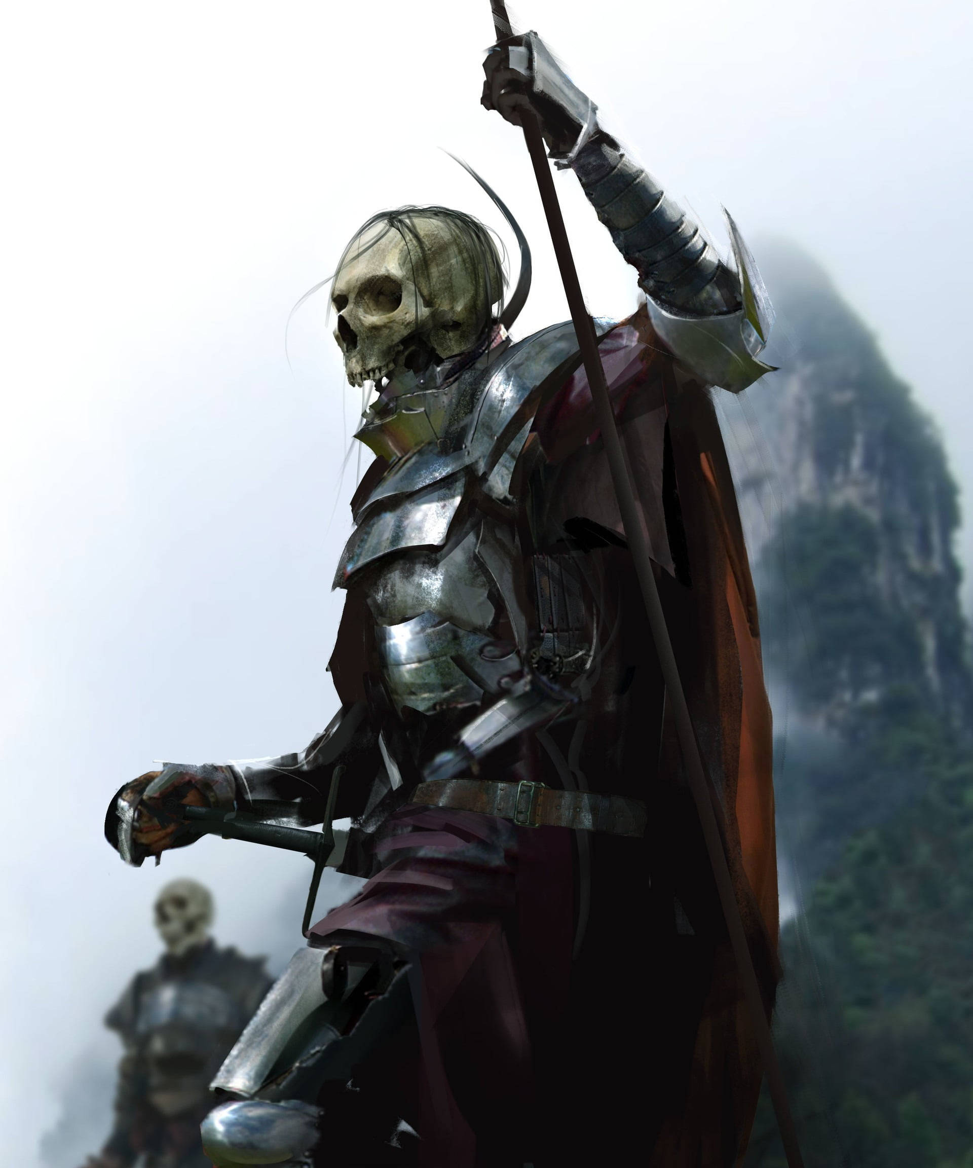 骷髏死亡騎士 壁紙 — 一個身穿閃亮盔甲和紅色斗篷的骷髏騎士，手持長矛，挑釁地站在霧氣籠罩的山頂上。