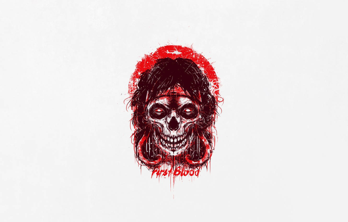 帶有深色頭髮和紅色飛濺滴的頭骨，帶有「First Blood」文字。