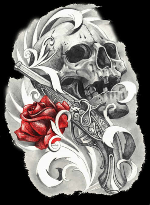 骷髏與玫瑰紋身設計 壁紙 — 一個詳細的黑白紋身風格插圖，描繪一個骷髏頭握著一把左輪手槍，上面纏繞著一朵鮮豔的紅玫瑰。