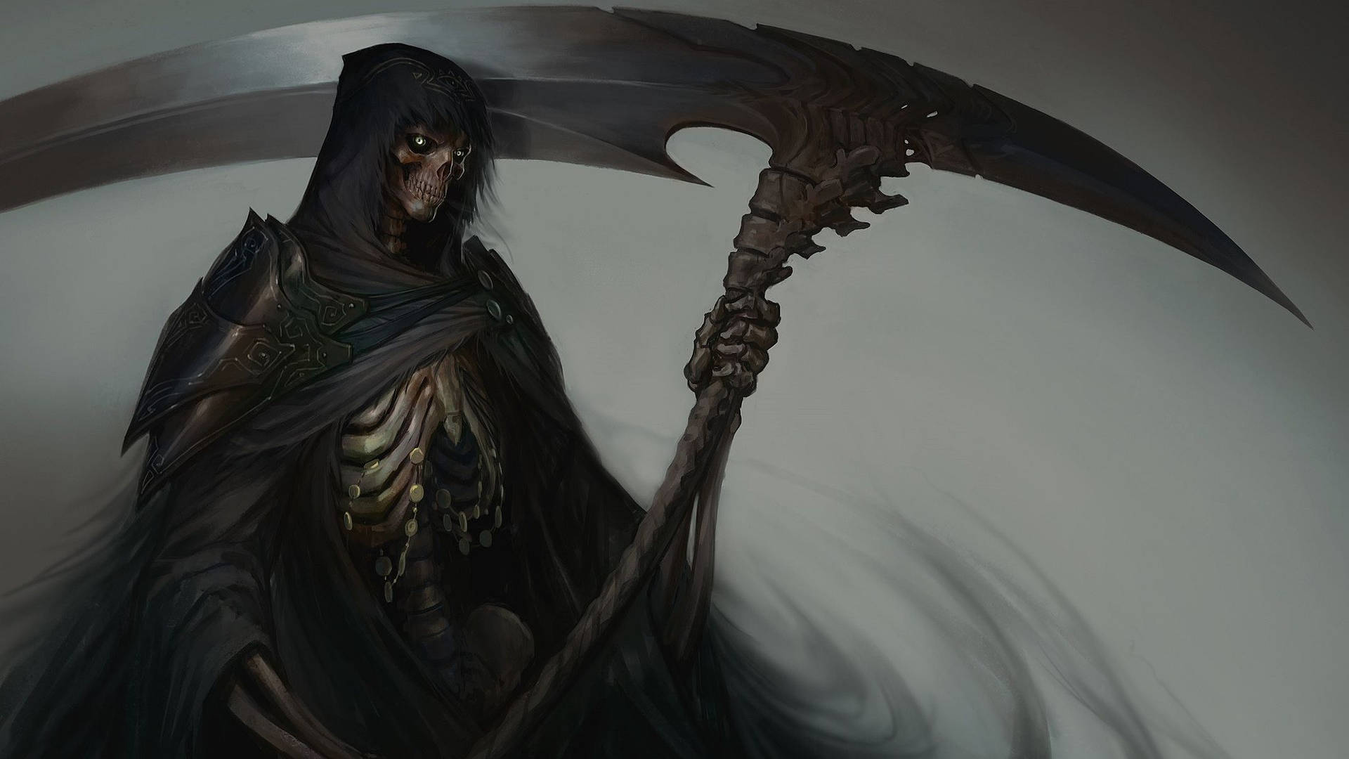 骷髏死神手持鐮刀，身披深色斗篷，迷霧背景