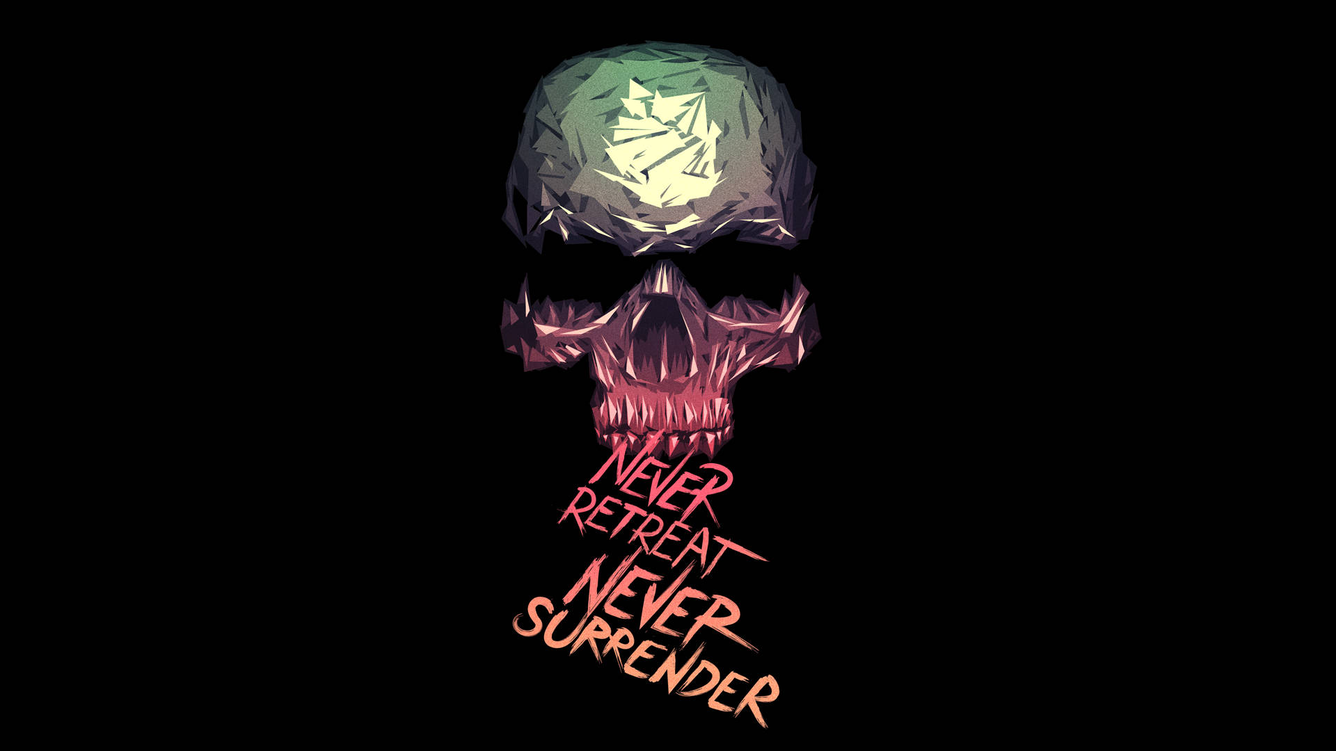 帶有發光大腦和火焰勵志文字 never retreat never surrender 的頭骨。