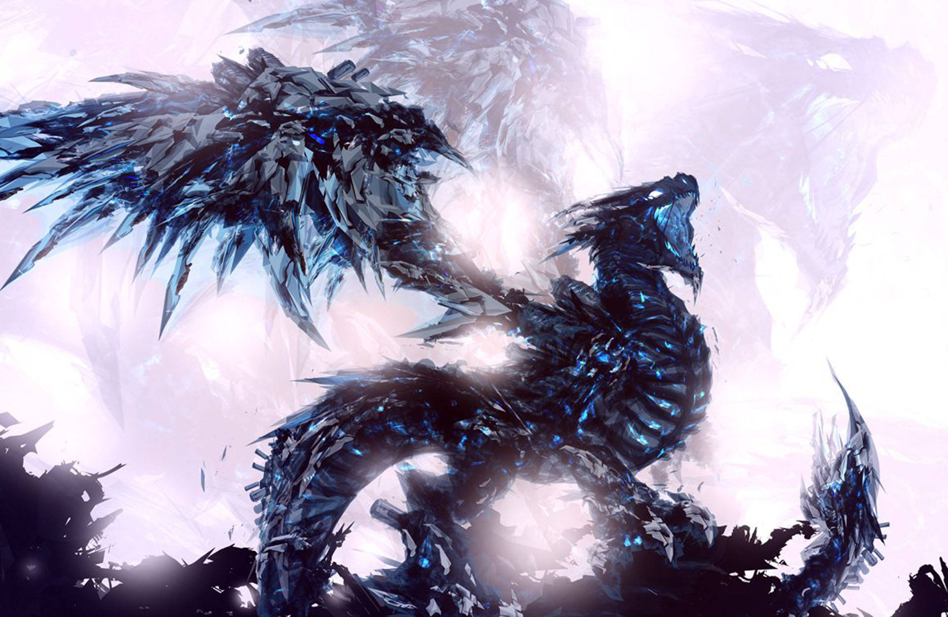骸骨冰龍 壁紙 — 一隻雄偉的冰龍，擁有水晶般的藍色鱗片和鋸齒狀翅膀，在發光的霜凍背景下咆哮。