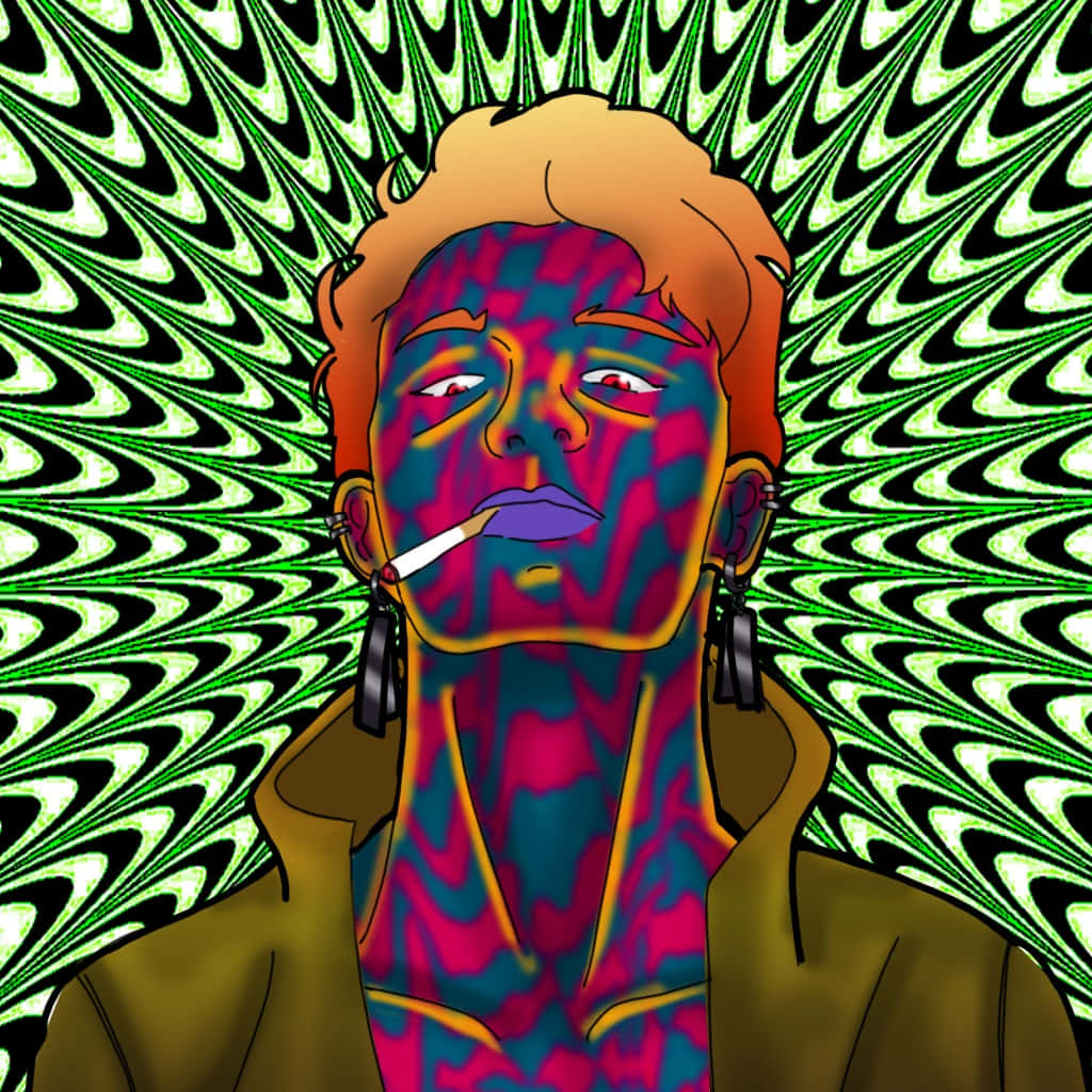 體感數位藝術 壁紙 — 一個風格化的人物，擁有充滿活力的多色皮膚，在迷幻的綠色和黑色波浪圖案背景中吸煙。