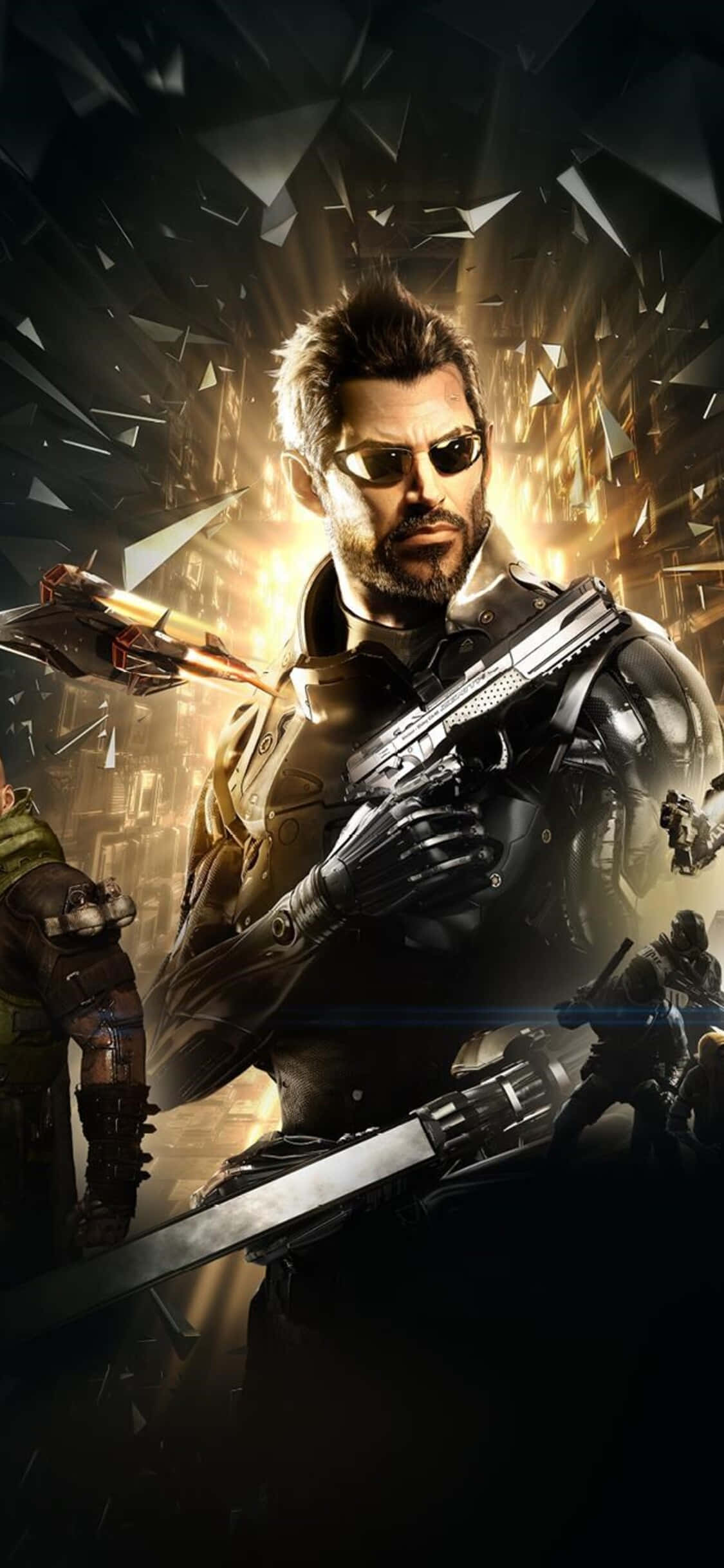 體驗 Android《Deus Ex：Mankind Divided》的宏大故事 壁紙 — 一個粗獷的賽博龐克士兵戴著太陽眼鏡，手持雙槍，在身後破碎玻璃如雨般落下和猛烈爆炸中挑釁地站立。