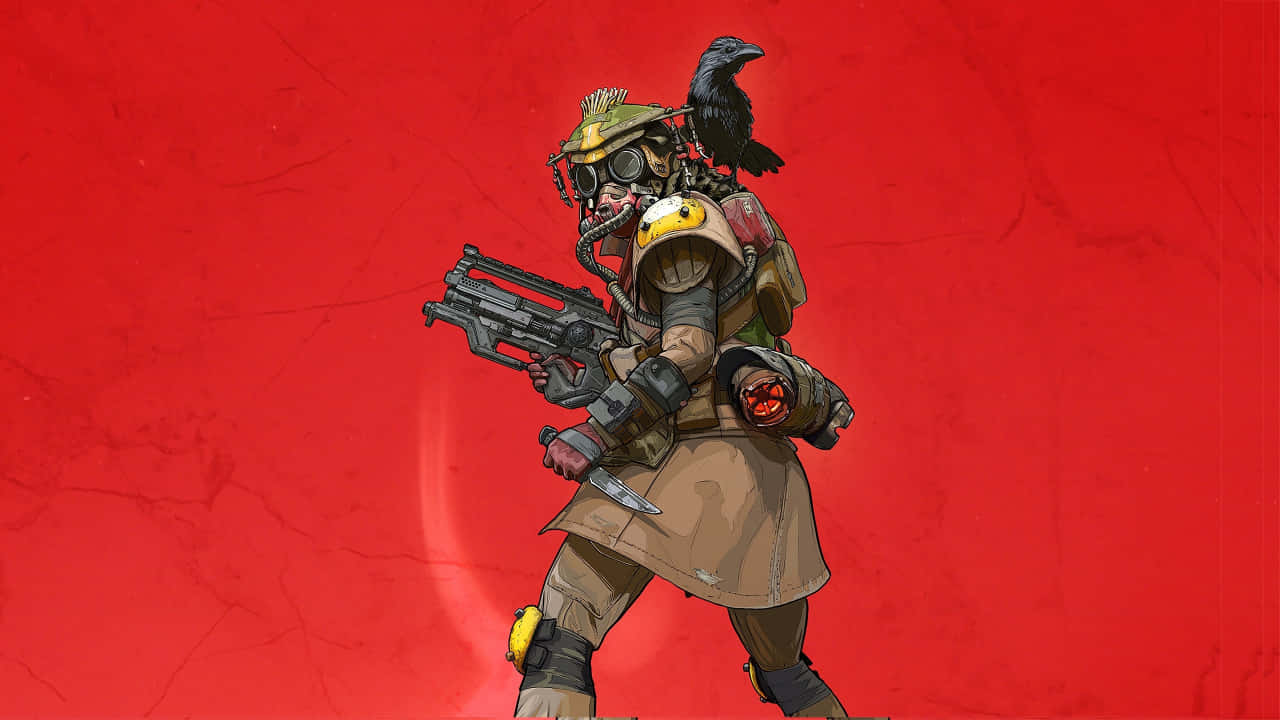 體驗《Apex英雄》的戰鬥刺激 壁紙 — 一個粗獷的動畫士兵戴著防毒面具和風衣，肩上站著一隻烏鴉，揮舞著重型武器，背景是破裂的紅色。