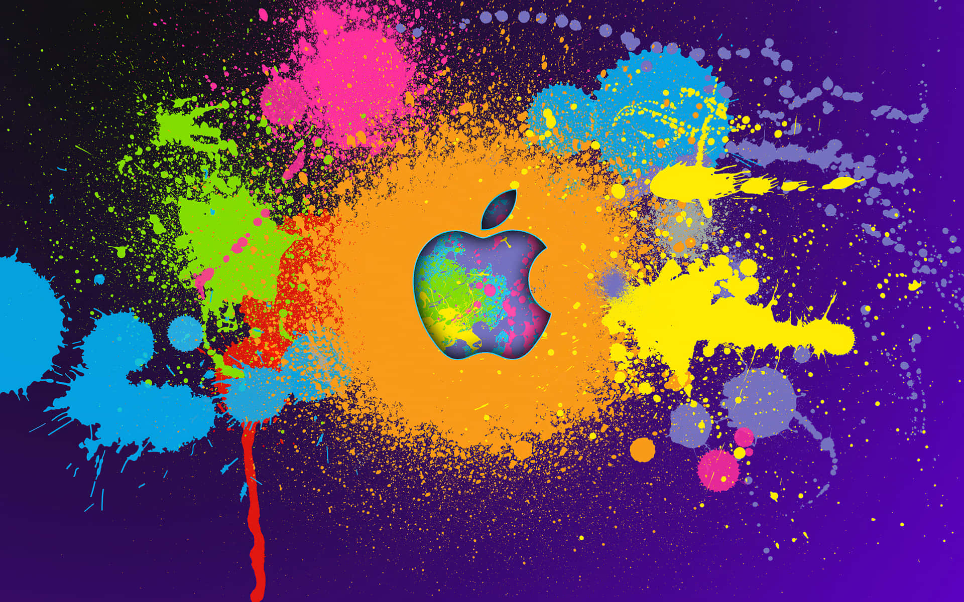 彩色顏料飛濺圍繞著風格化的Apple標誌在紫色背景上。 — 4K iPad 壁紙 壁紙