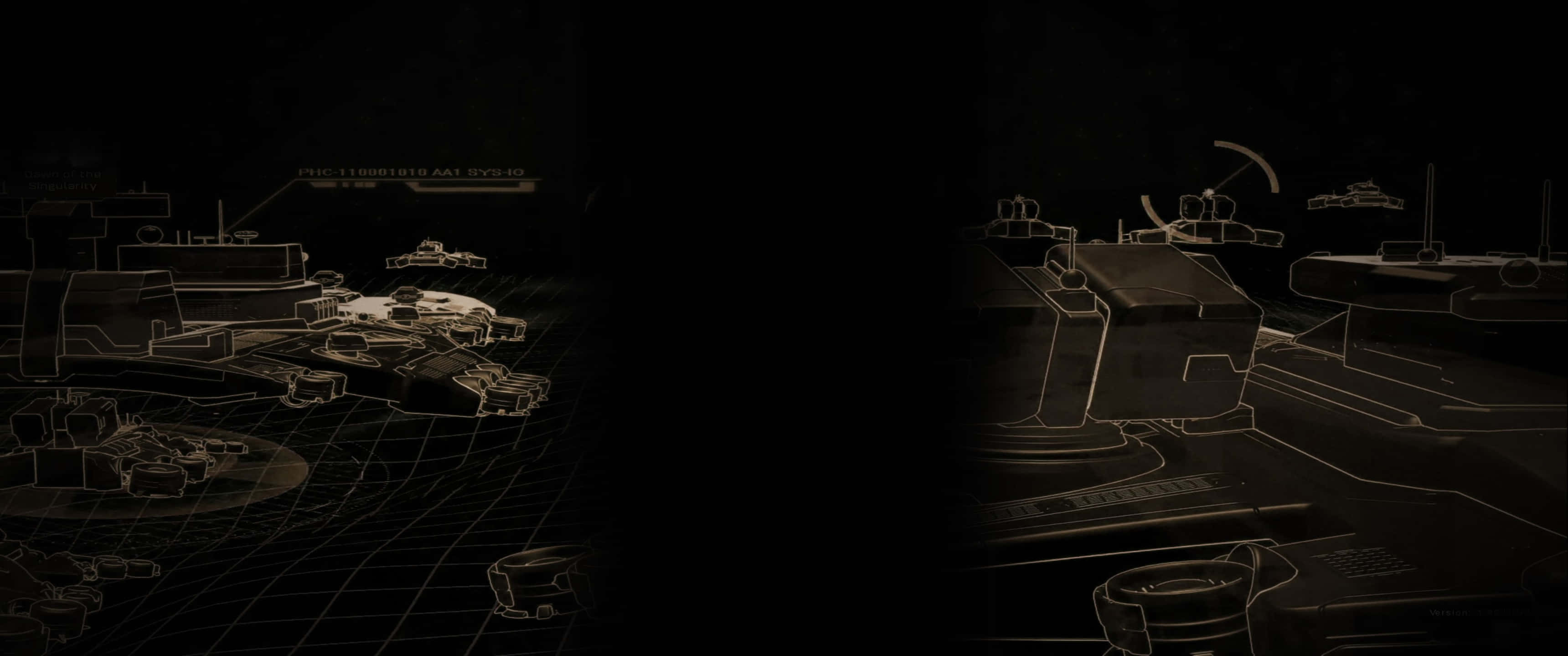 體驗《Ashes of the Singularity Escalation》中的壯觀戰爭 壁紙 — 黑暗未來太空船藍圖在黑色背景的網格上以白色線條發光。
