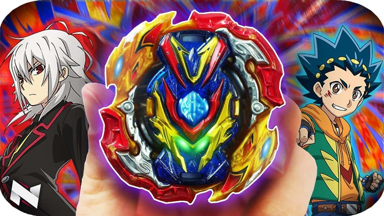 體驗《Beyblade Burst》的刺激世界 壁紙 — 一隻手拿著一個發光的紅、藍、金色Beyblade，兩個動漫角色在火焰抽象背景中將其夾在中間。