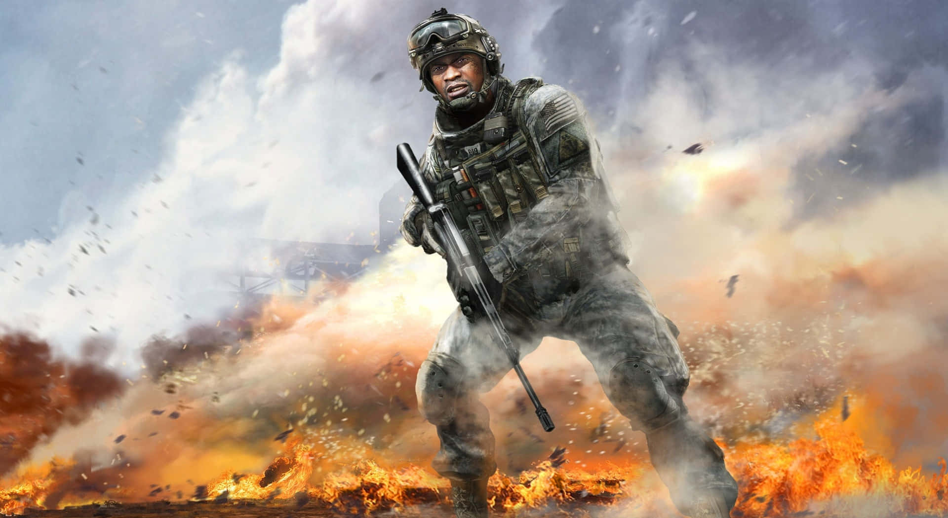「體驗《Call of Duty》的極致張力」 壁紙 — 一名全副武裝的士兵在風暴天空下，挑釁地站在熾熱的爆炸和翻滾的煙霧中。