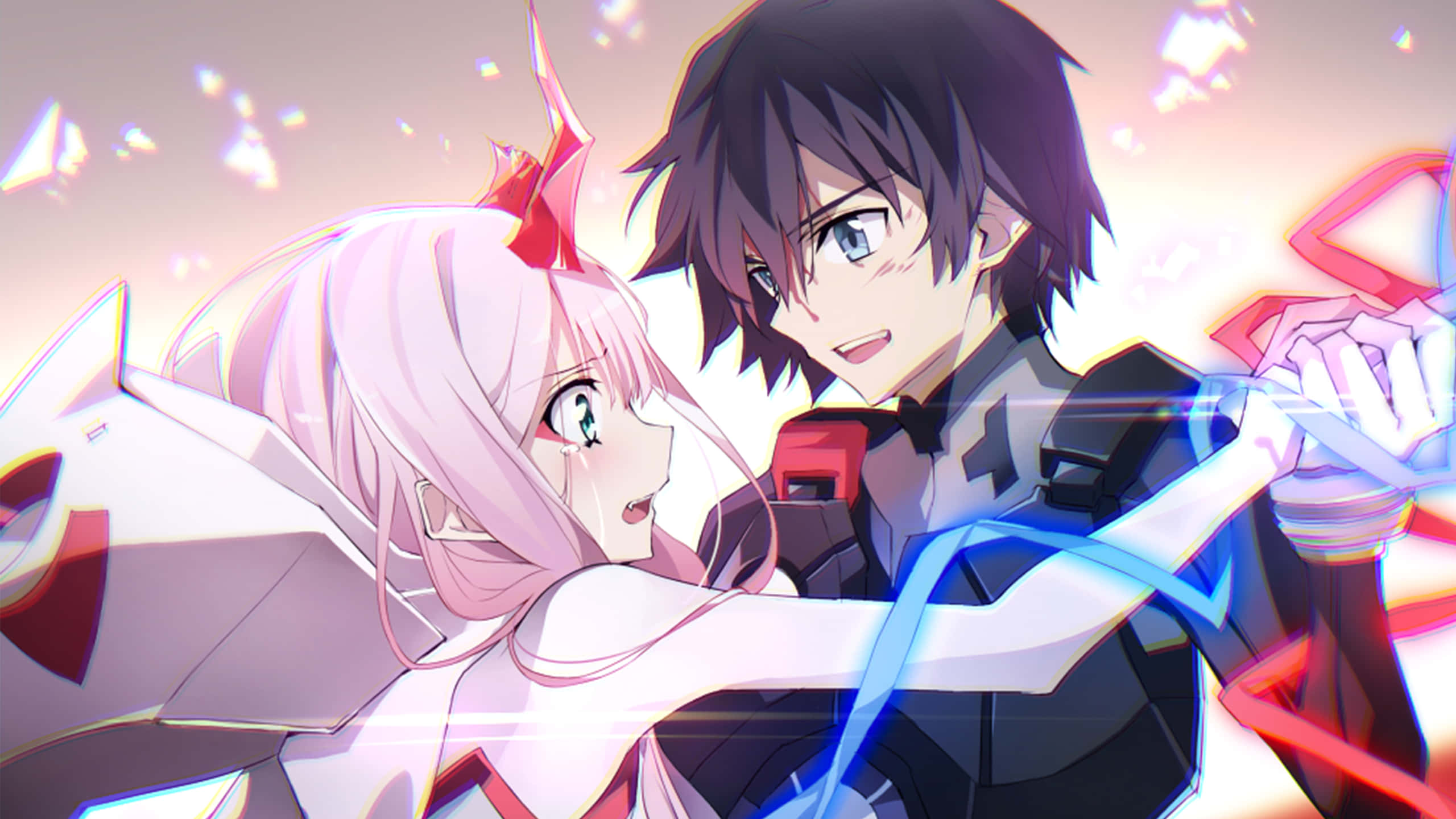 「體驗《Darling in the Franxx》中的浪漫與冒險」 壁紙 — 動漫角色穿著未來裝備，在閃爍的日落背景下手持發光武器。