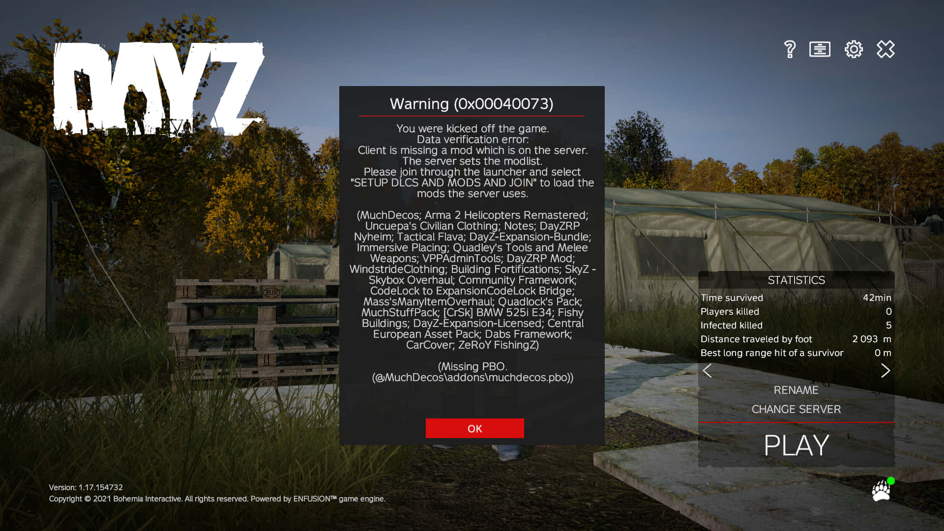 DayZ 錯誤畫面，顯示戶外環境中的模組衝突。