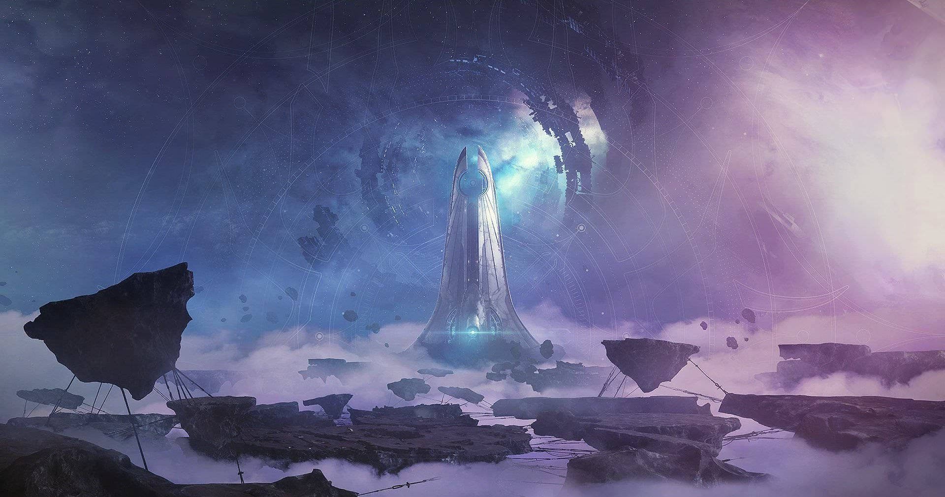 體驗 Destiny 2: Shadowkeep 的刺激 壁紙 — 在夢幻般的外星景觀中，一座發光的未來主義塔樓從漂浮的岩石平台上升起，下方是一個宇宙傳送門。
