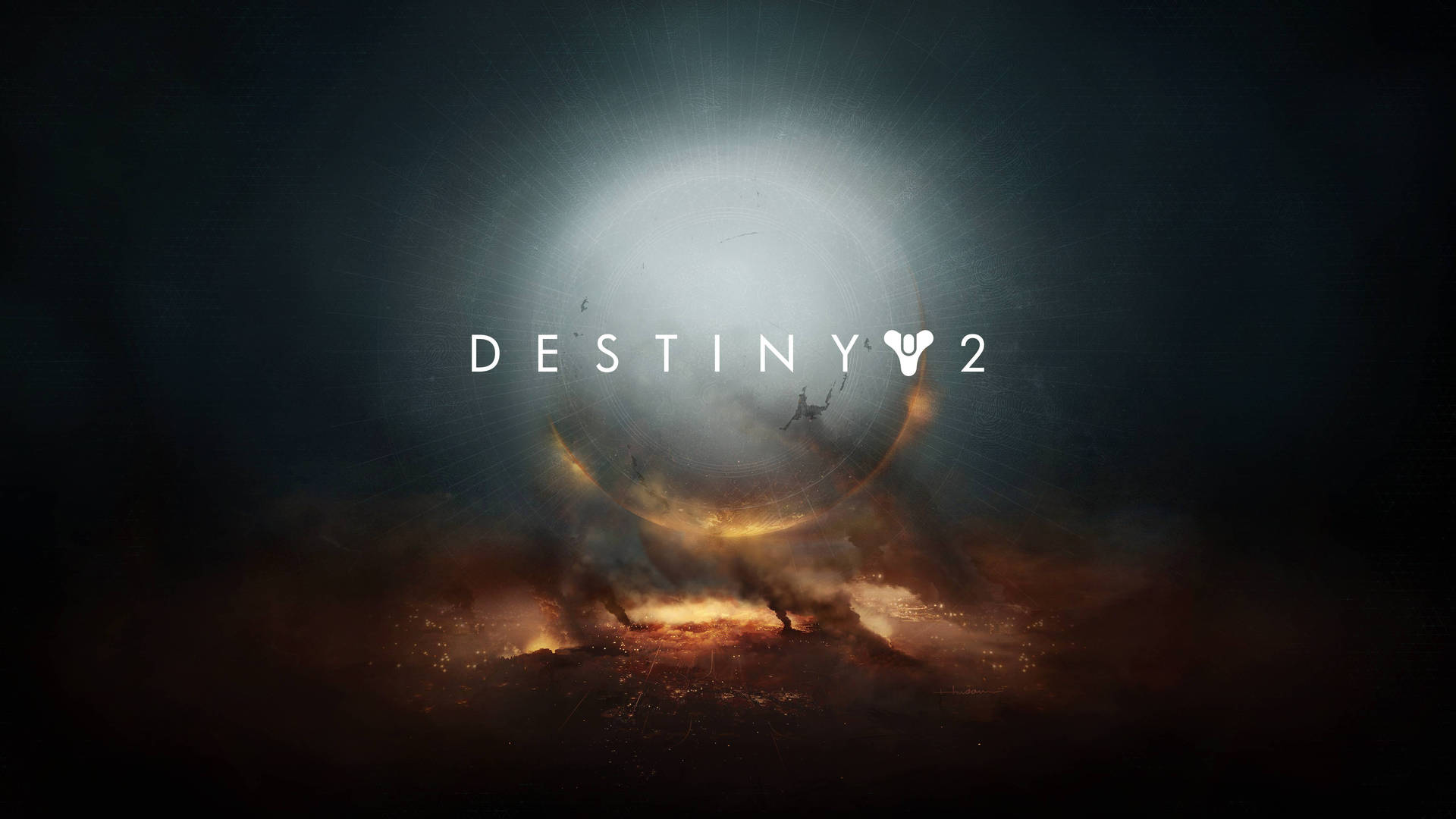 一個發光的球體在熾熱的外星世界上方，帶有文字 Destiny 2。
