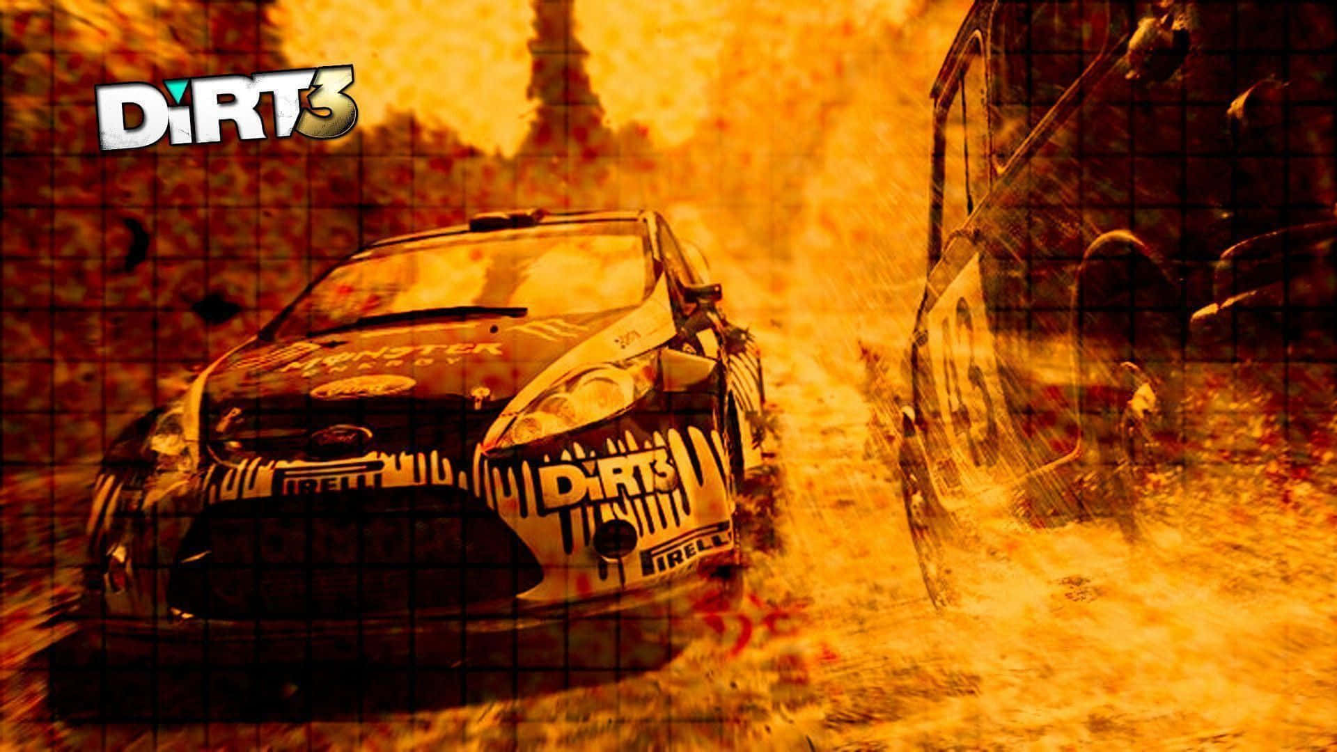 兩輛拉力賽車在 DiRT 3 比賽中撞入猛烈橙色泥漿。