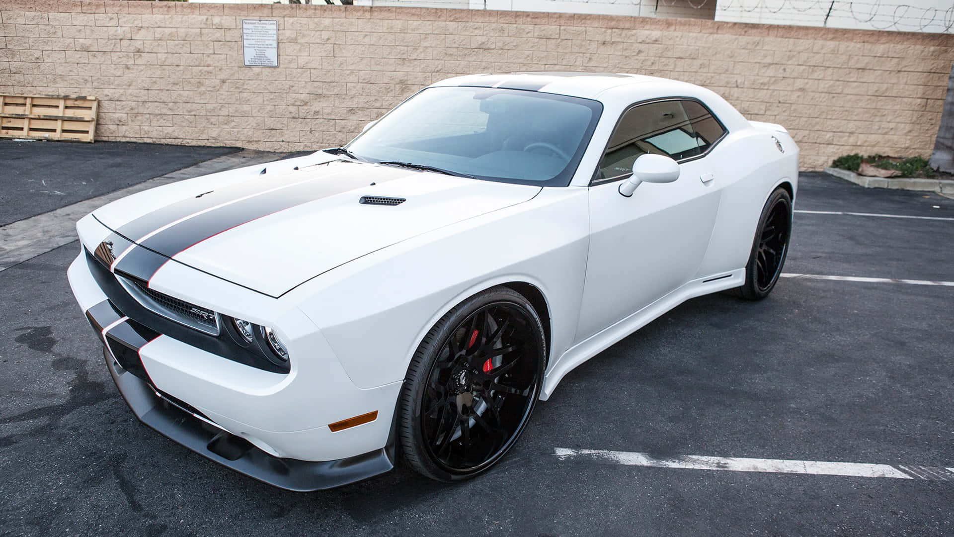 白色Dodge Challenger跑車，黑色點綴，停泊喺停車場。