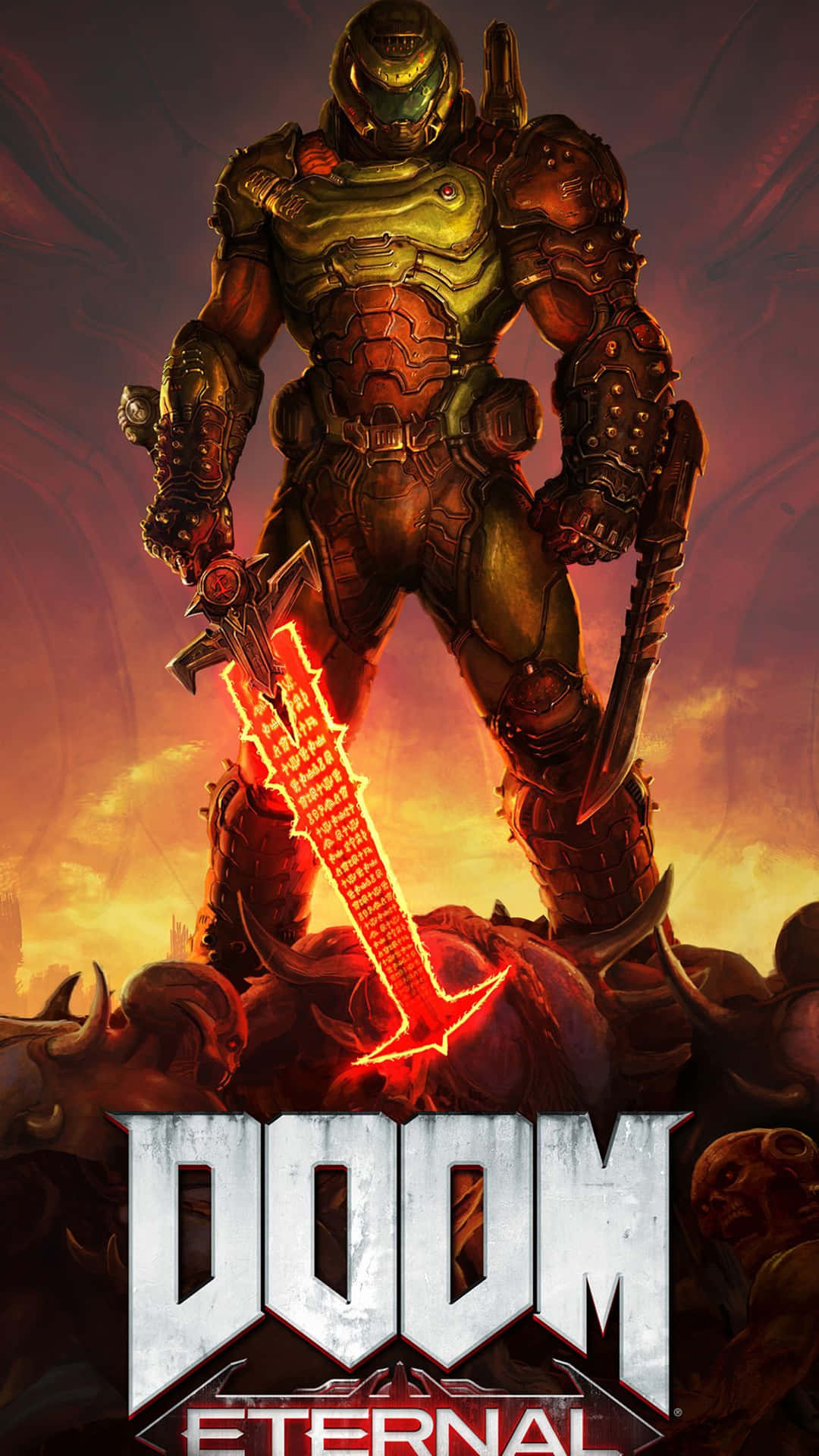 Doom Eternal 戰士身穿盔甲，在日落時分手持發光劍立於被擊敗的惡魔之上。