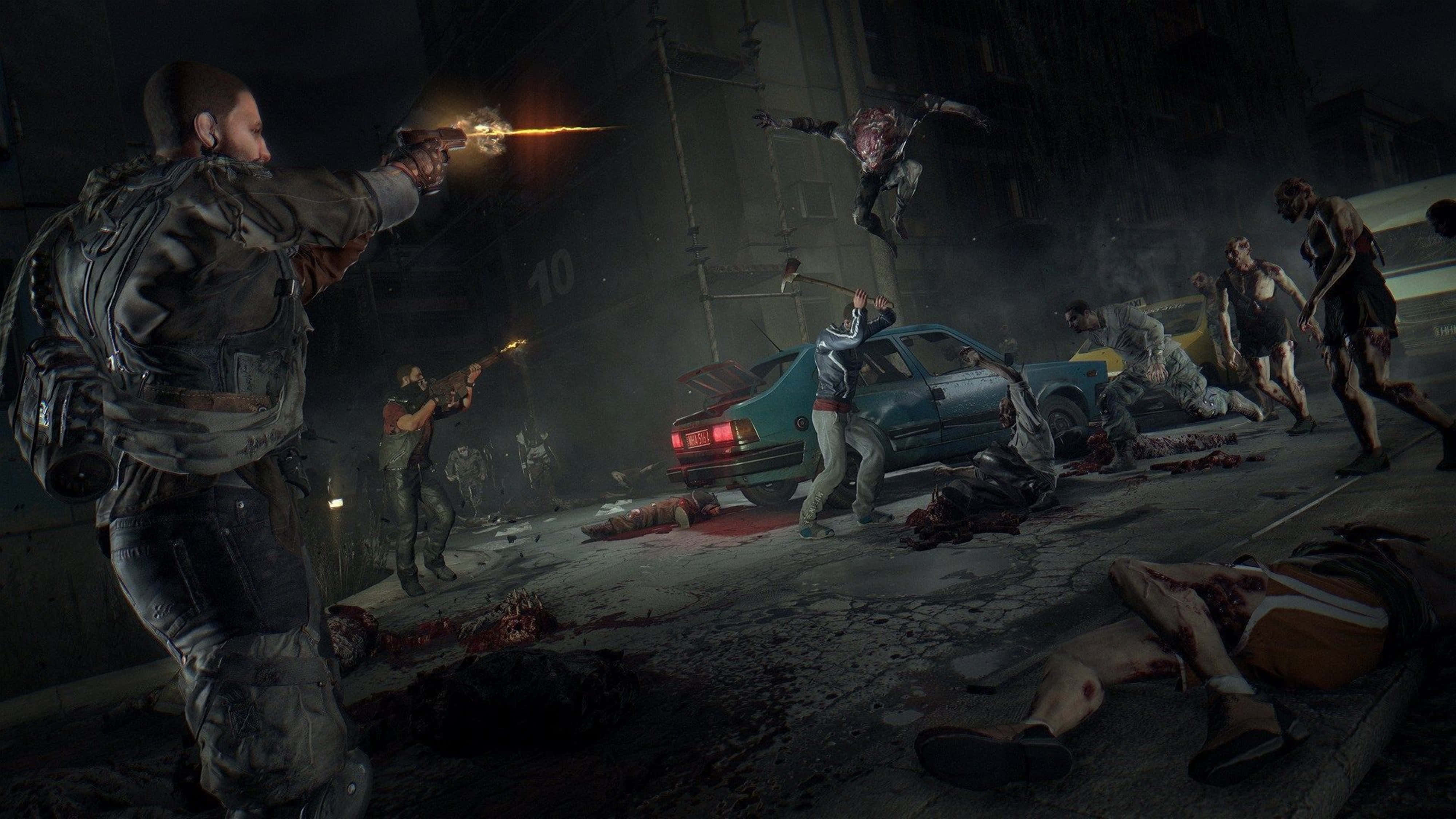 體驗《Dying Light》4K震撼畫面 壁紙 — 一場 gritty 的夜間城市街頭戰鬥，武裝倖存者在翻倒的汽車和血淋淋的屍體中對抗成群殭屍。