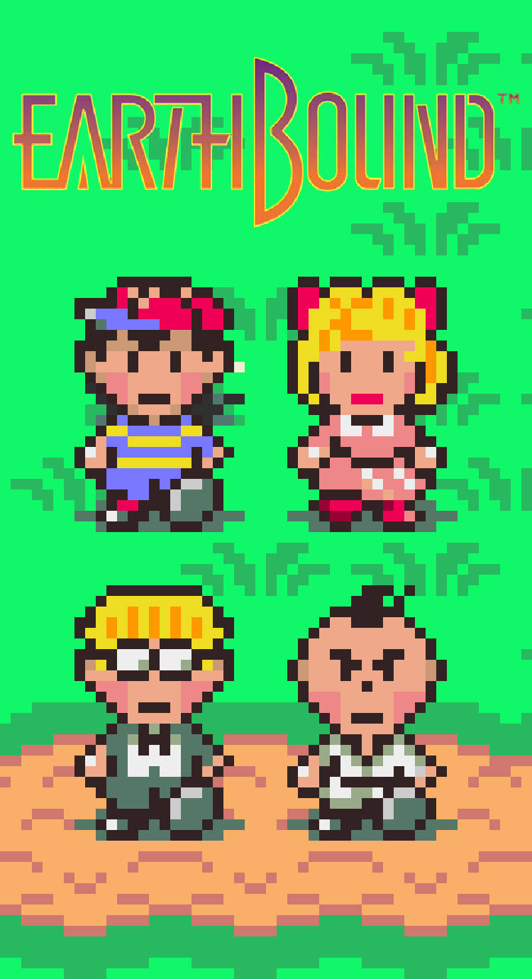 四個像素化的 EarthBound 角色站在泥土上，背景為綠色。