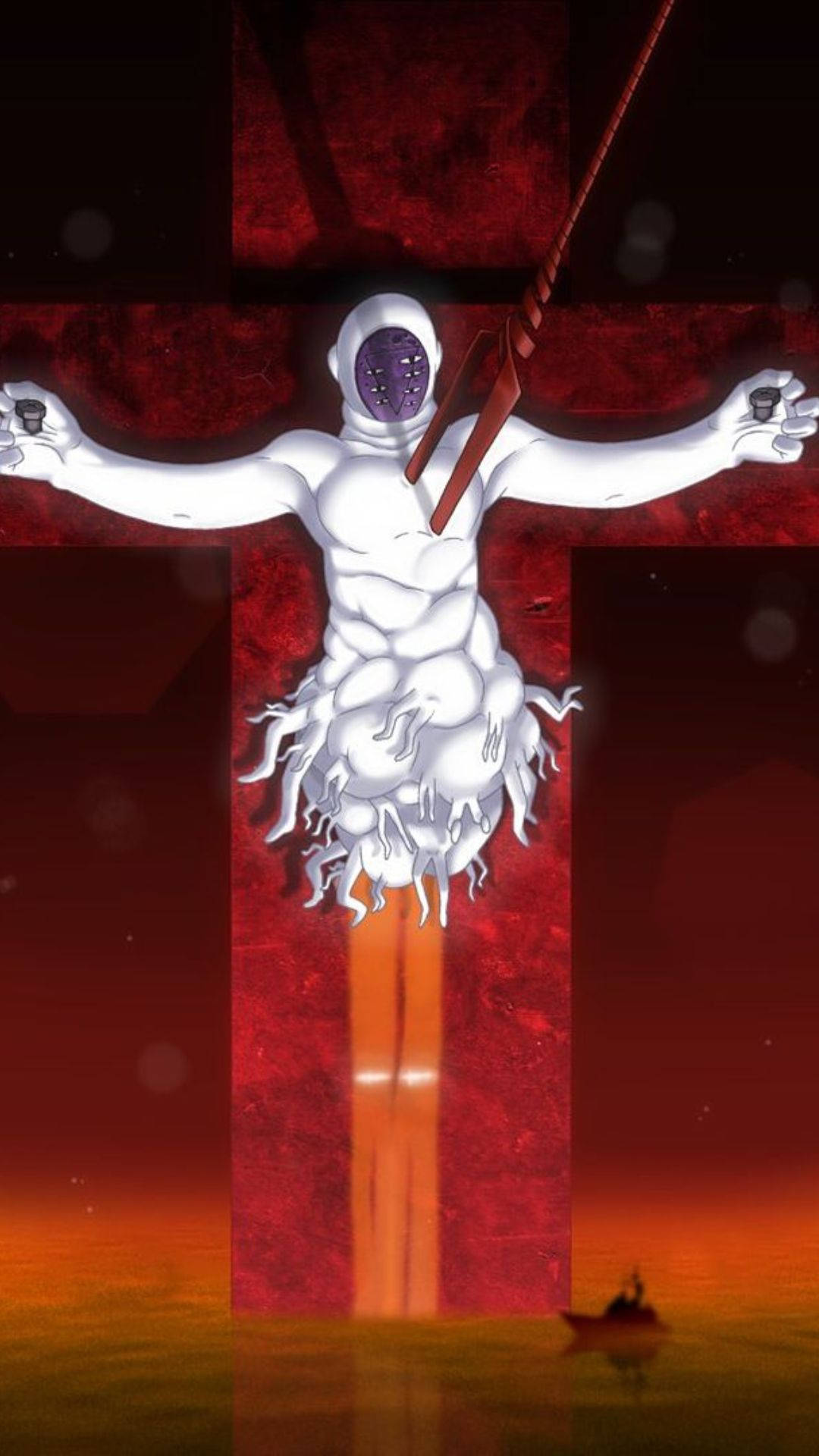體驗 Evangelion 手機，迎接移動裝置的未來 壁紙 — 一個戴著紫色面具的白色人形人物被釘在發光的紅色十字架上，背景是熾熱的橙紅色天空，前景有一艘小船。