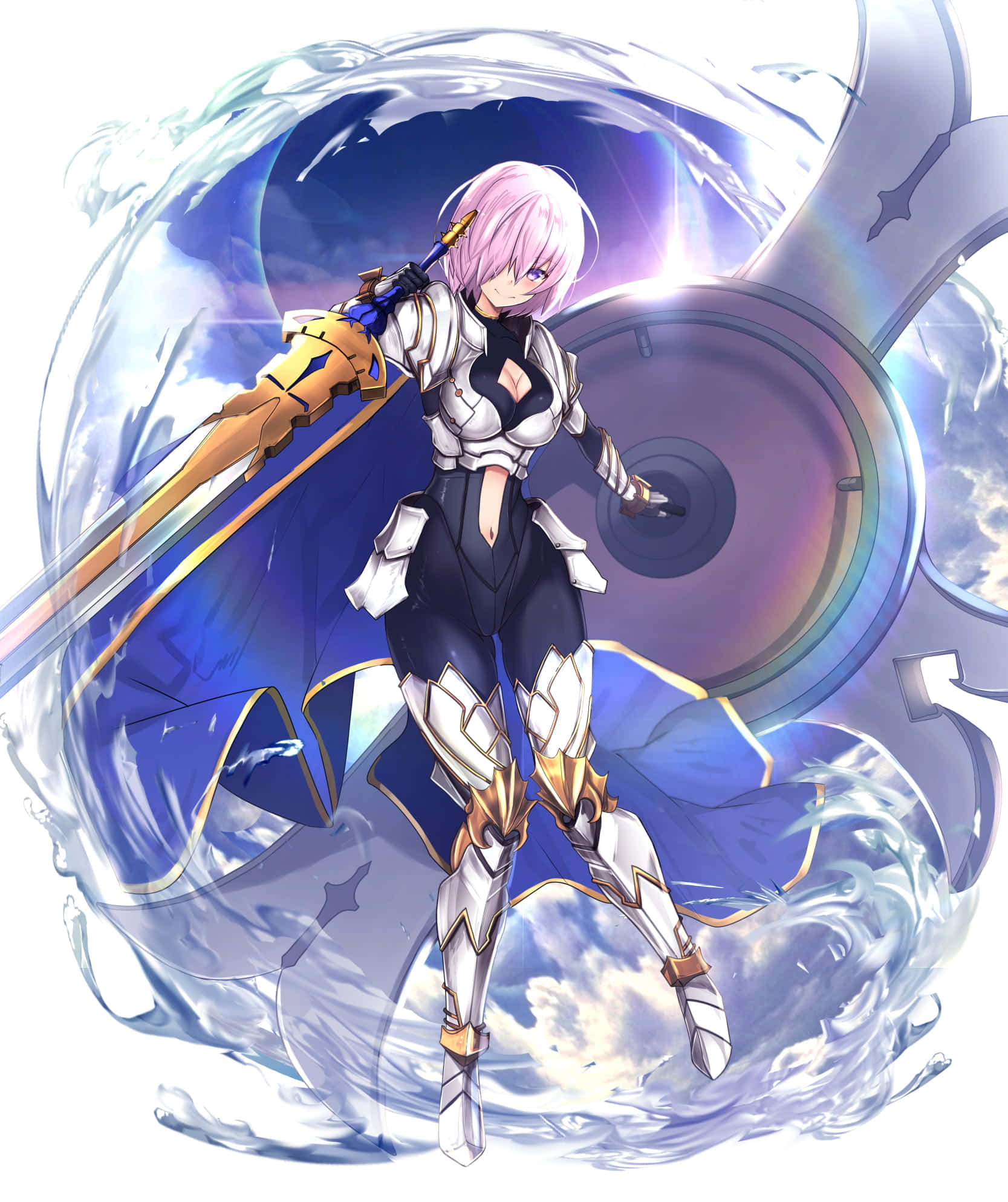 體驗 Fate Grand Order 的神話世界 壁紙 — 一位粉紅色頭髮的動漫戰士，身穿白色和金色盔甲，在旋轉的藍色能量和機械齒輪中揮舞著發光的劍。