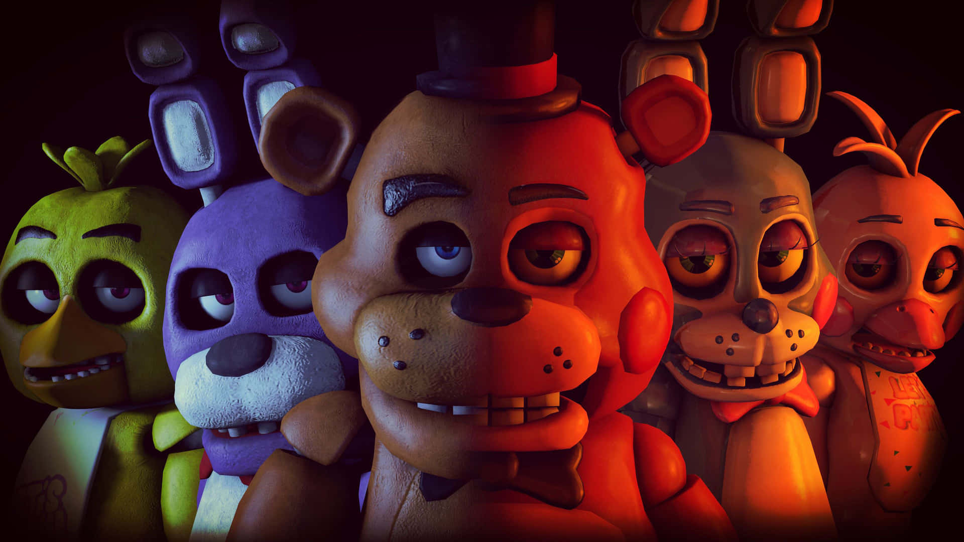 Five Nights at Freddy's 中的五個電子動畫角色在一個帶有紅色燈光的黑暗房間裡。