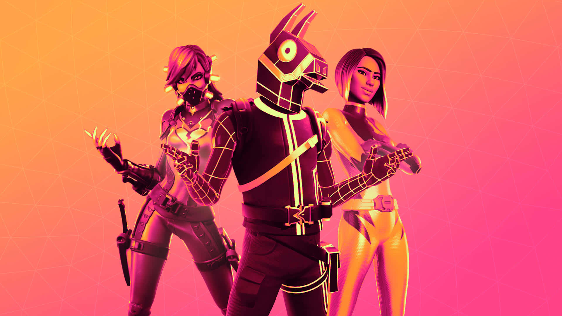 三個穿著發光未來裝備的Fortnite角色在粉紅橙色漸變前擺姿勢。