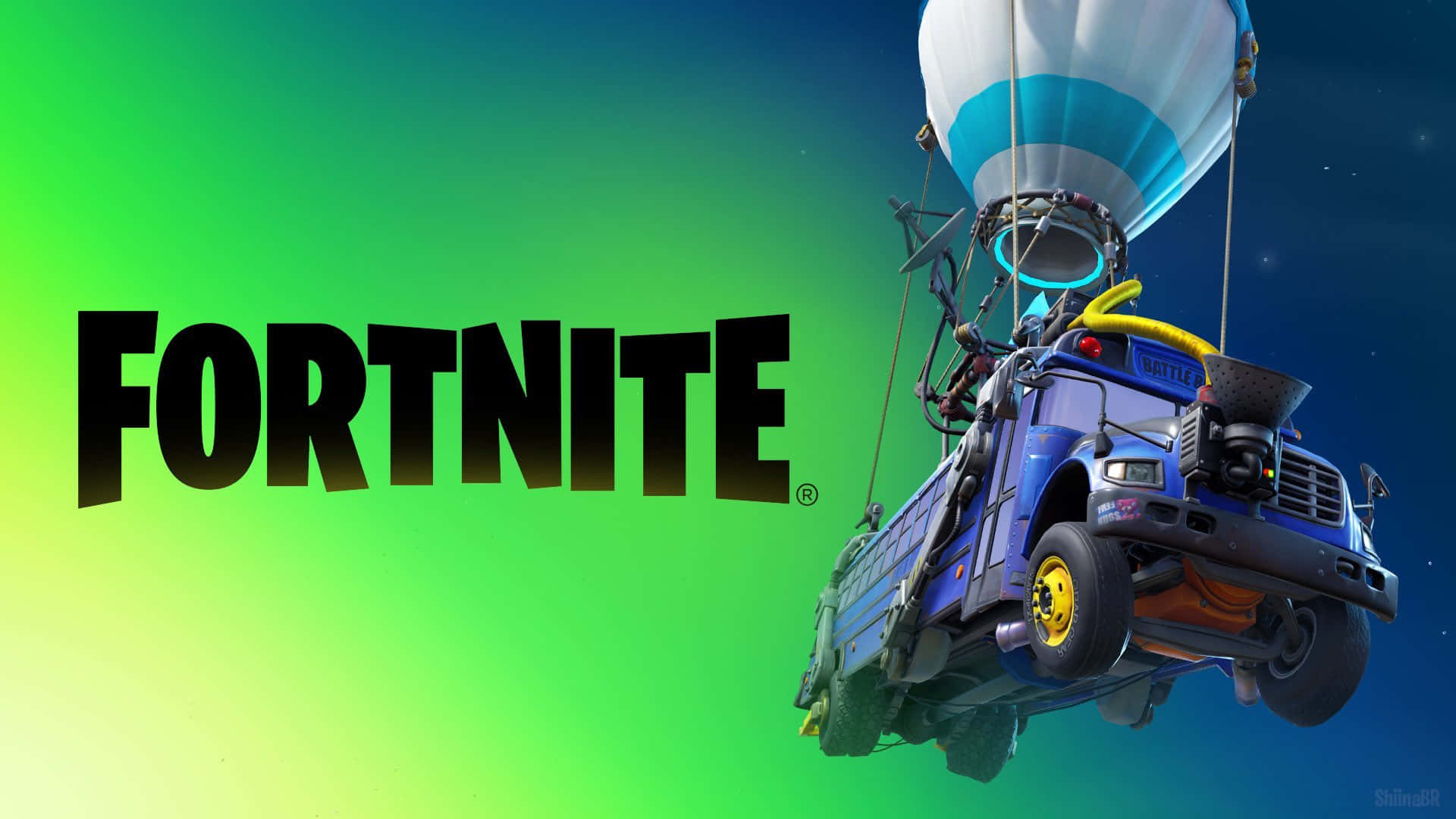 熱氣球升起嘅Fortnite巴士，色彩繽紛嘅天空