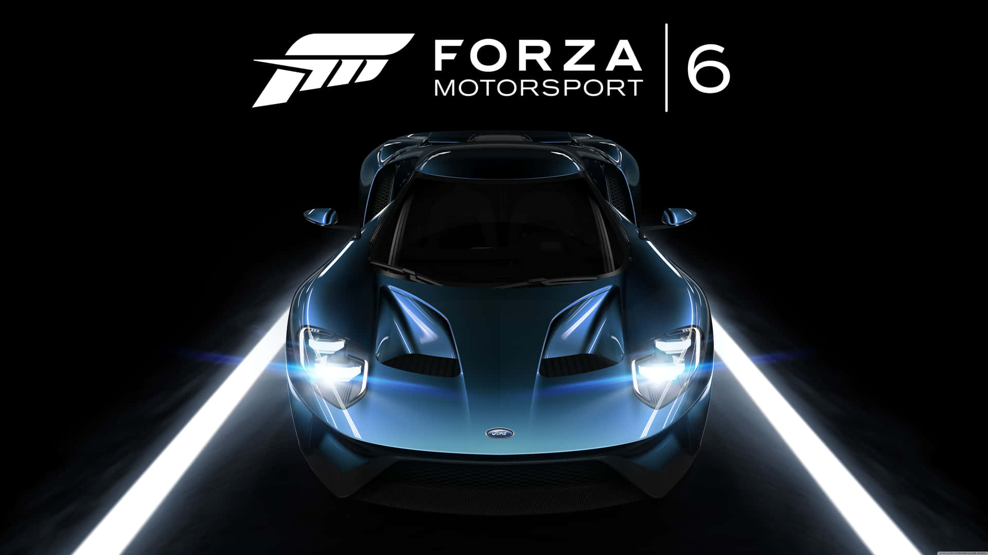 藍色福特GT跑車在黑暗賽道上車頭燈發光，帶有Forza Motorsport 6標誌。