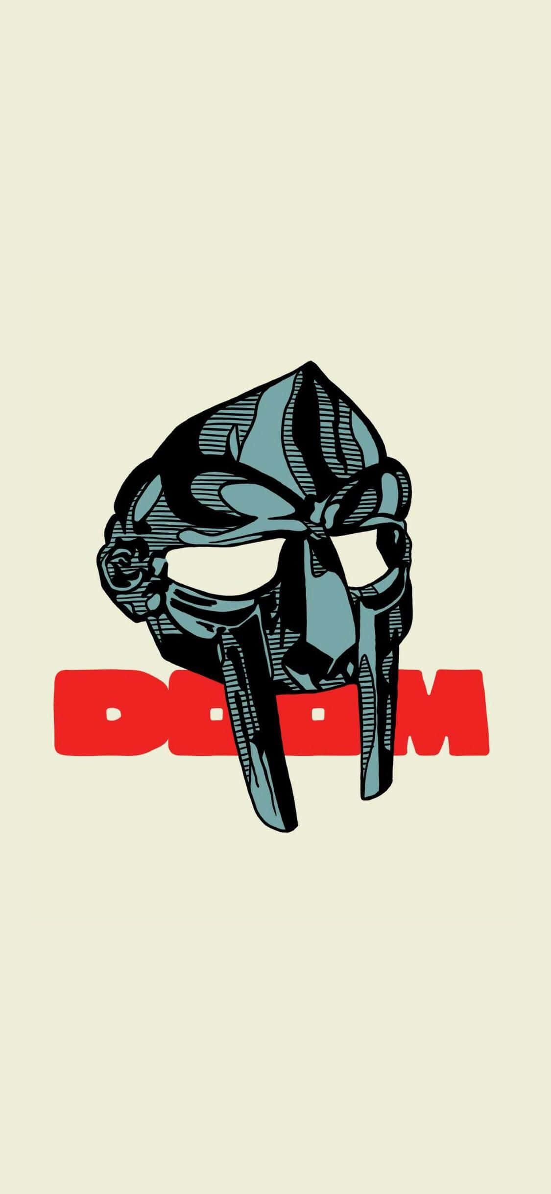 體驗 Google Pixel 3xl Doom 特別版的強大性能 壁紙 — 米色背景上帶有紅色「DOOM」文字的風格化藍色毀滅戰士頭盔。