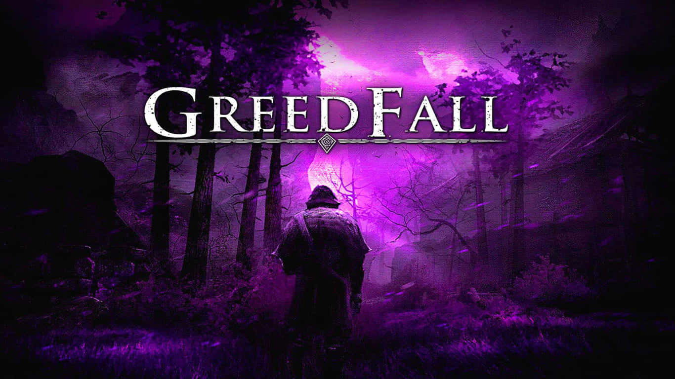 一個人走進發光的紫色森林，下方是 GreedFall 標題。
