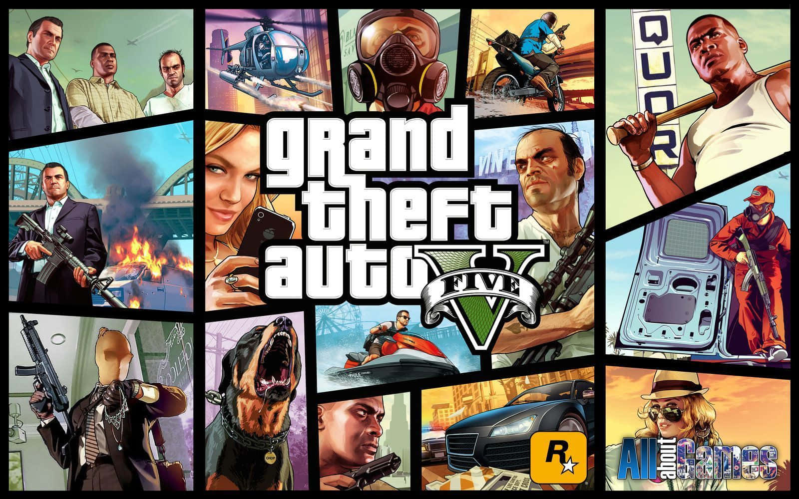 Grand Theft Auto V宣傳拼貼畫，展示角色和車輛在動作場景中。