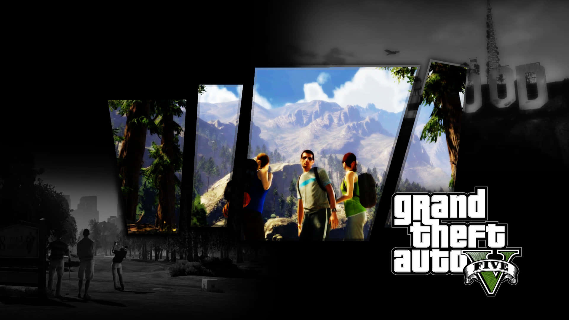 GTA V角色在一個由破碎屏幕框住的山景中，背景為城市。