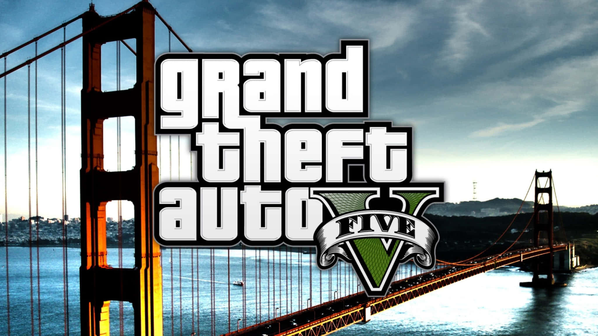 Grand Theft Auto V 標誌疊加在黃昏時分的金門大橋上