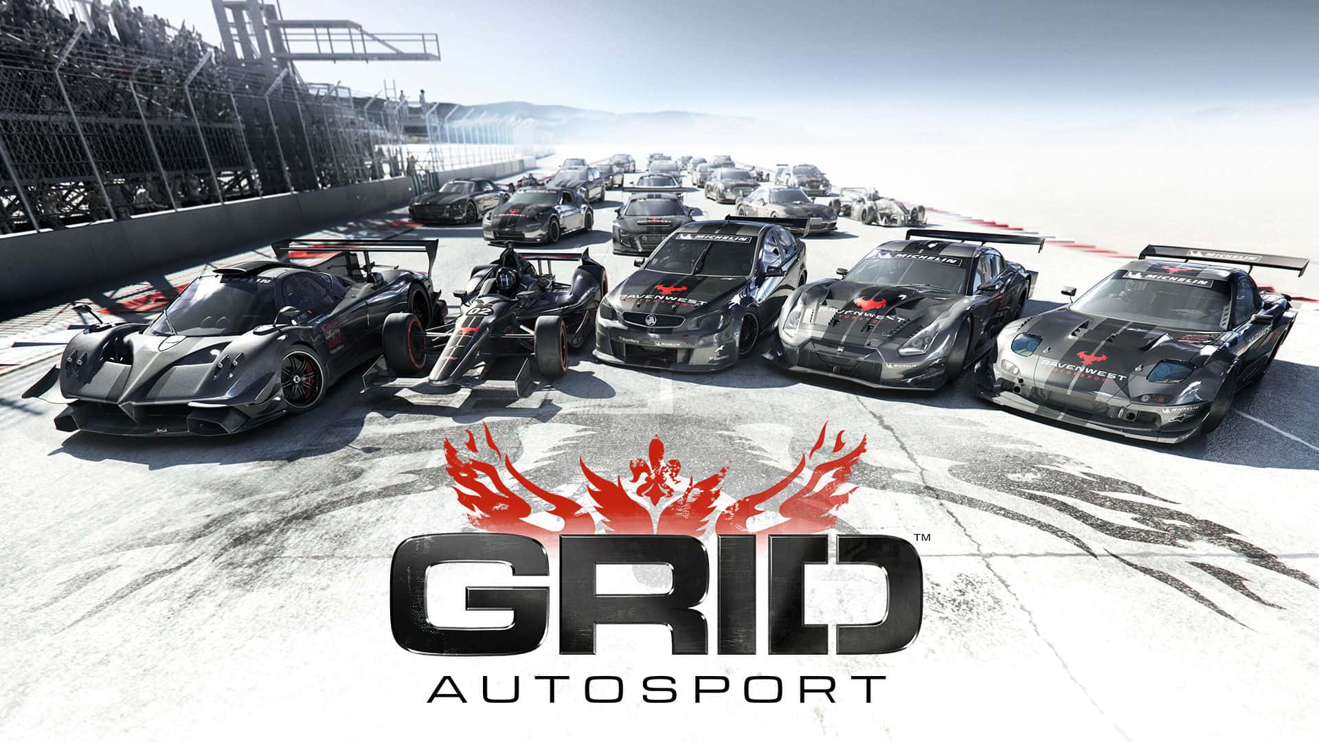 體驗 HD Grid Autosport 的真實賽車激情 壁紙 — 一排高性能賽車在陽光明媚的賽道上，GRID AUTOSPORT 標誌顯眼地展示。